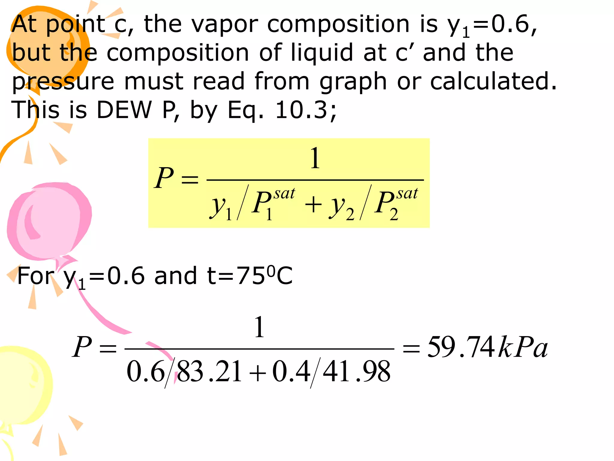 At point c, the vapor composition is y1=0.6,
but the composition of liquid at c’ and the
pressure must read from graph or calculated.
This is DEW P, by Eq. 10.3;
sat
sat
P
y
P
y
P
2
2
1
1
1


For y1=0.6 and t=750C
kPa
P 74
.
59
98
.
41
4
.
0
21
.
83
6
.
0
1



 