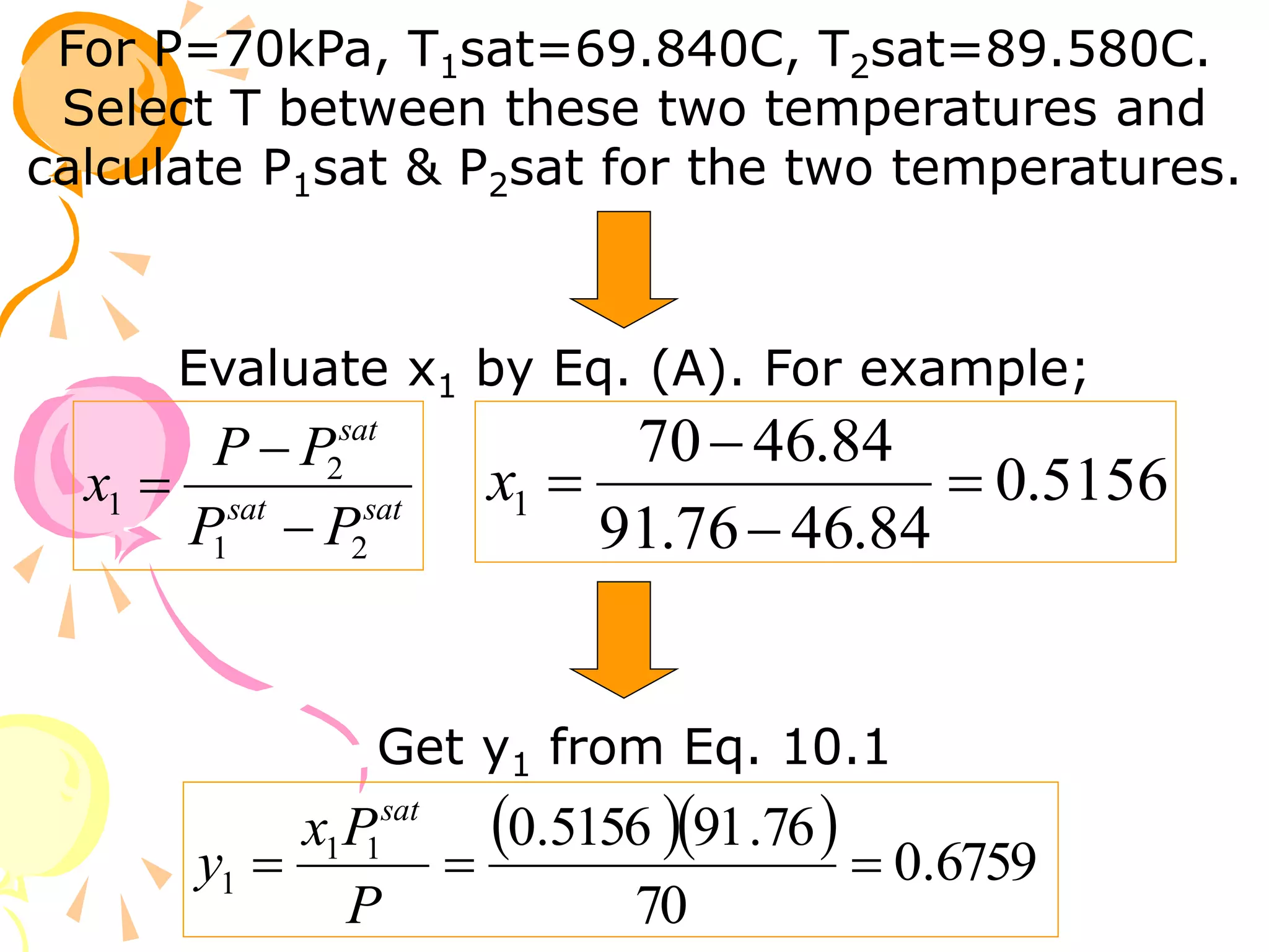 For P=70kPa, T1sat=69.840C, T2sat=89.580C.
Select T between these two temperatures and
calculate P1sat & P2sat for the two temperatures.
Evaluate x1 by Eq. (A). For example;
sat
sat
sat
P
P
P
P
x
2
1
2
1


 5156
.
0
84
.
46
76
.
91
84
.
46
70
1 



x
Get y1 from Eq. 10.1
   6759
.
0
70
76
.
91
5156
.
0
1
1
1 


P
P
x
y
sat
 
