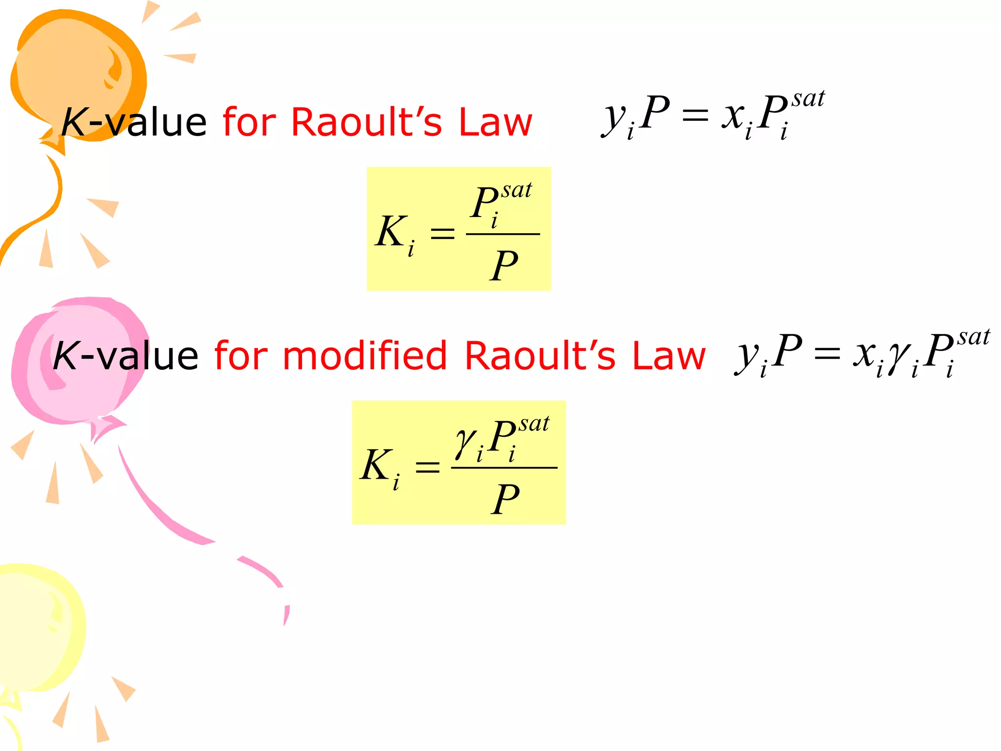 sat
i
i
i P
x
P
y 
K-value for Raoult’s Law
P
P
K
sat
i
i 
K-value for modified Raoult’s Law
sat
i
i
i
i P
x
P
y 

P
P
K
sat
i
i
i


 
