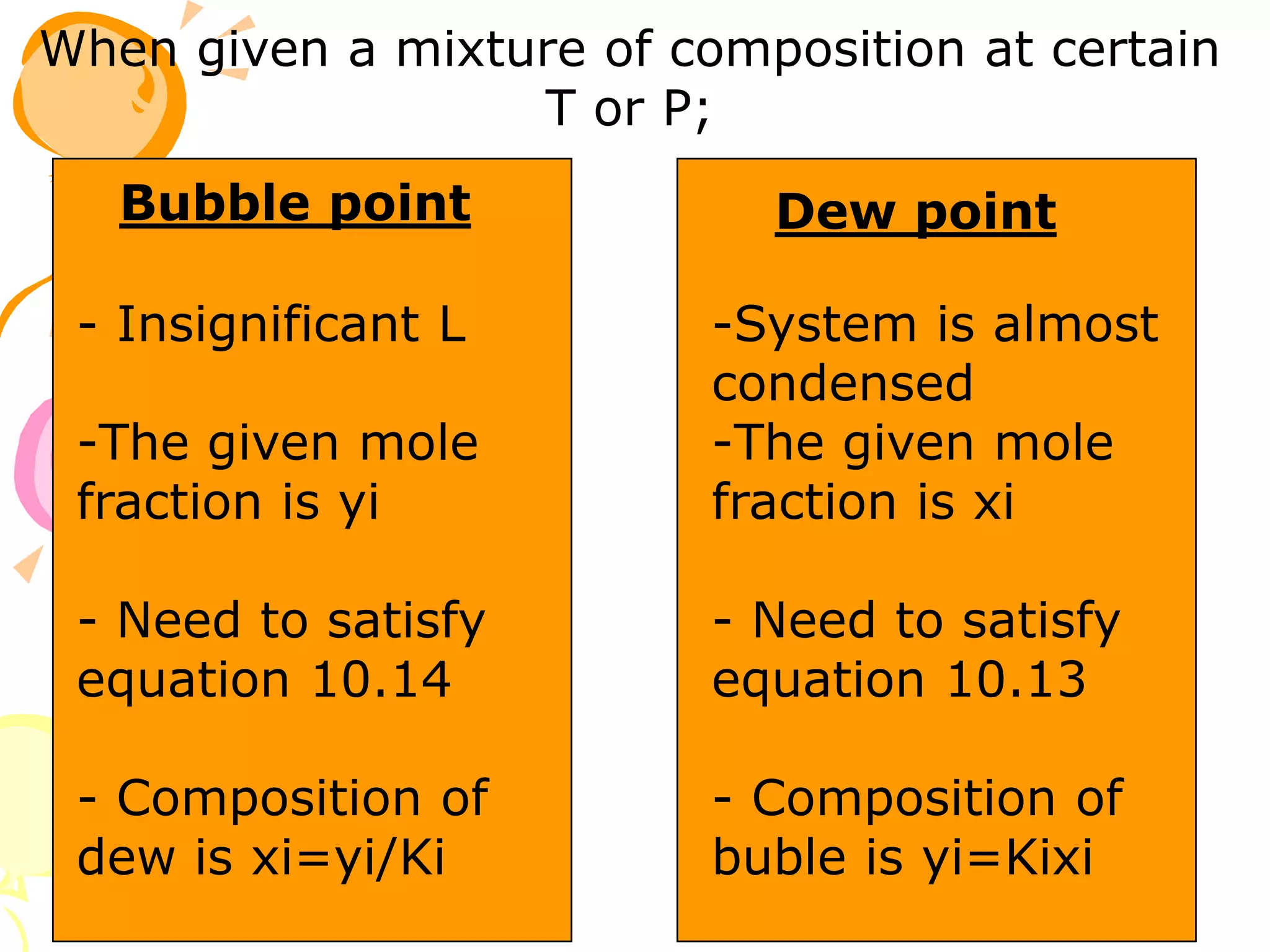When given a mixture of composition at certain
T or P;
Bubble point
- Insignificant L
-The given mole
fraction is yi
- Need to satisfy
equation 10.14
- Composition of
dew is xi=yi/Ki
Dew point
-System is almost
condensed
-The given mole
fraction is xi
- Need to satisfy
equation 10.13
- Composition of
buble is yi=Kixi
 