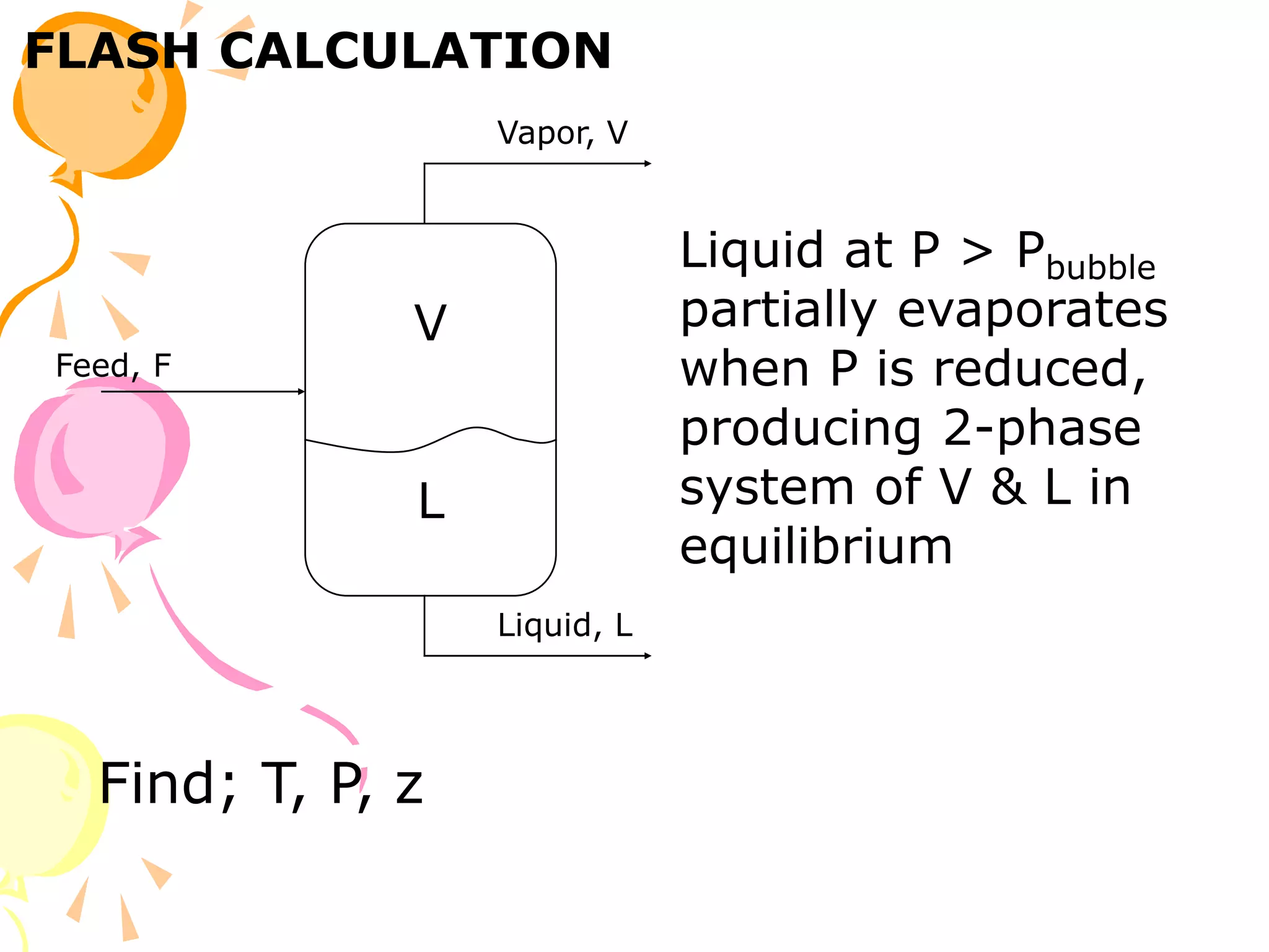 FLASH CALCULATION
V
L
Feed, F
Vapor, V
Liquid, L
Liquid at P > Pbubble
partially evaporates
when P is reduced,
producing 2-phase
system of V & L in
equilibrium
Find; T, P, z
 