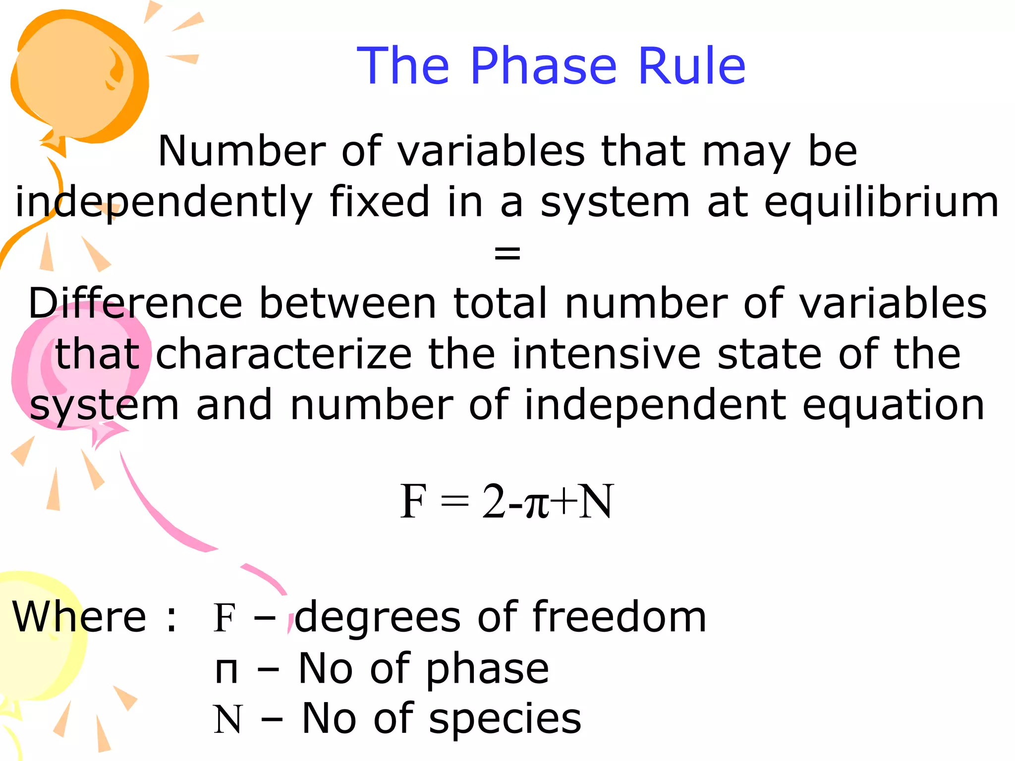 Number of variables that may be
independently fixed in a system at equilibrium
=
Difference between total number of variables
that characterize the intensive state of the
system and number of independent equation
F = 2-π+N
Where : F – degrees of freedom
π – No of phase
N – No of species
The Phase Rule
 