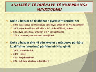 Duke u bazuar në të dhënat e pyetësorit rezultoi se: 52 % e mësuesve të intervistuar kanë kryer shkallën e I- rë  të kualifikimit 38 % e tyre kanë kryer shkallën e II- të   të kualifikimit, ndërsa 8 % e tyre kanë kryer shkallën e III- të  të kualifikimit  2 %  e tyre nuk jane atestuar  ndonjëherë  Duke u bazuar dhe në përshtypjet e mësuesve për këto kualifikime (atestime) përfitimi në % ka qënë: 70 % - shumë i mirë 24 % - i mirë 4 % -  i mjaftueshëm 2 % - nuk jane atestuar  ndonjëherë  ANALIZË E TË DHËNAVE TË NXJERRA NGA MINISTUDIMI 