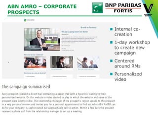 © Vlerick Business School
ABN AMRO – CORPORATE
PROSPECTS
Internal co-
creation
1-day workshop
to create new
campaign
Centered
around RMs
Personalized
video
 