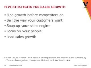 FIVE STRATEGIES FOR SALES GROWTH

 Find growth before competitors do
 Sell the way your customers want
 Soup up your sales engine
 Focus on your people
 Lead sales growth




Source: Sales Growth: Five Proven Strategies from the World’s Sales Leaders by
  Thomas Baumgartner, Homayoun Hatami, and Jon Vander Ark

19   © Vlerick Business School                                    Prof Dr Deva Rangarajan
 