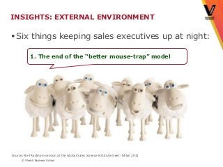 INSIGHTS: EXTERNAL ENVIRONMENT

 Six things keeping sales executives up at night:

            1. The end of the “better mouse-trap” model




Source: Neil Rackham session at the Global Sales Science Institute meet- Milan 2011
      © Vlerick Business School
 