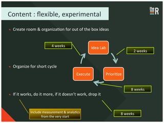 Content	
  :	
  ﬂexible,	
  experimental	
  	
  
"    Create	
  room	
  &	
  organizaCon	
  for	
  out	
  of	
  the	
  box	
  ideas	
  


                                           4	
  weeks	
                            Idea	
  Lab	
  
                                                                                                                        2	
  weeks	
  


"    Organize	
  for	
  short	
  cycle	
  
                                                                    Execute	
                    PrioriCze	
  


                                                                                                                     8	
  weeks	
  
"    If	
  it	
  works,	
  do	
  it	
  more,	
  if	
  it	
  doesn’t	
  work,	
  drop	
  it	
  


                      Include	
  measurement	
  &	
  analyCcs	
                                             8	
  weeks	
  
                             from	
  the	
  very	
  start	
  
 