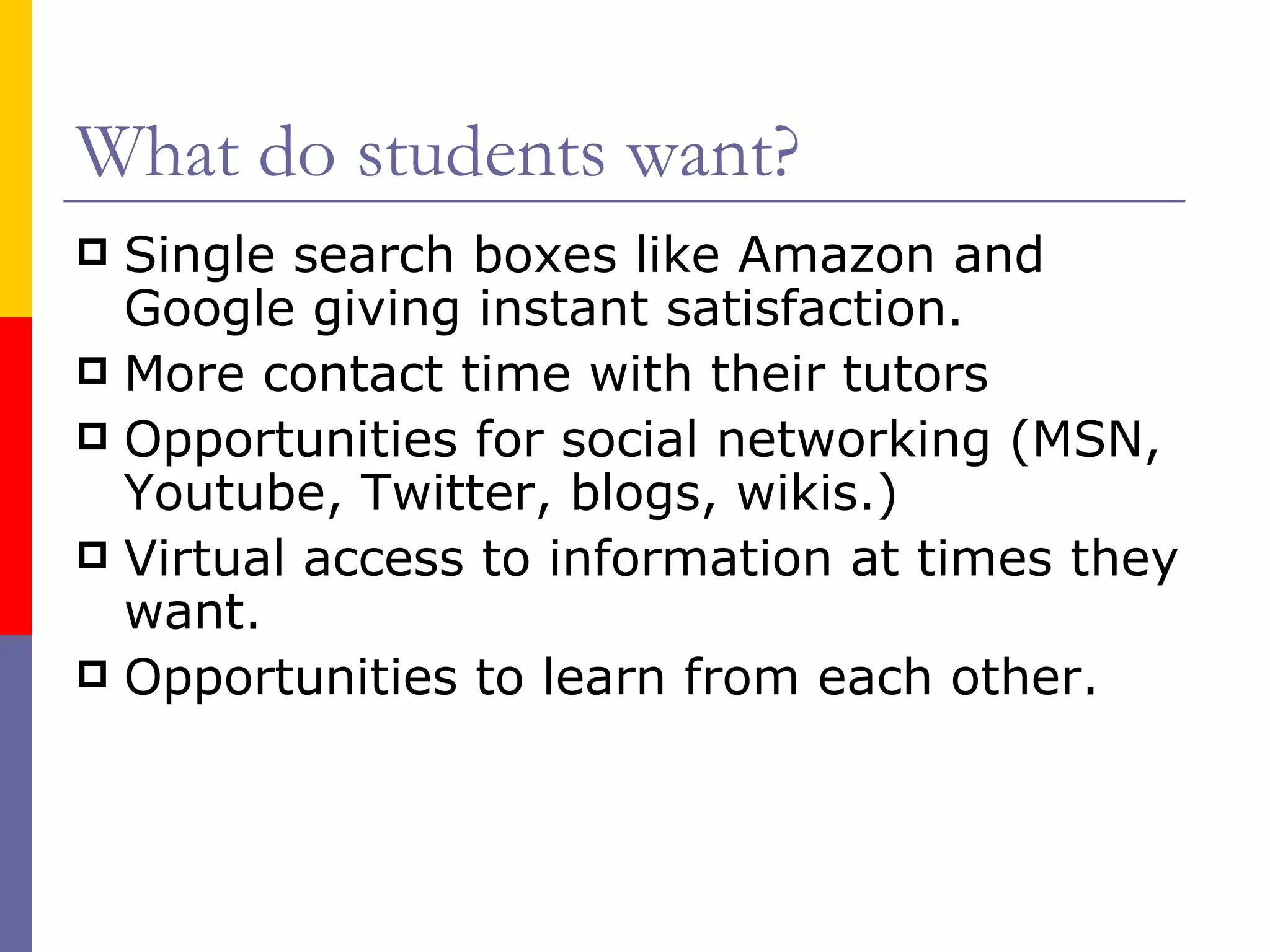 What do students want? Single search boxes like Amazon and Google giving instant satisfaction. More contact time with their tutors Opportunities for social networking (MSN, Youtube, Twitter, blogs, wikis.) Virtual access to information at times they want. Opportunities to learn from each other. 
