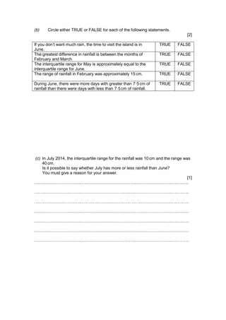 (b) Circle either TRUE or FALSE for each of the following statements.
[2]
If you don’t want much rain, the time to visit the island is in
June.
TRUE FALSE
The greatest difference in rainfall is between the months of
February and March
TRUE FALSE
The interquartile range for May is approximately equal to the
interquartile range for June.
TRUE FALSE
The range of rainfall in February was approximately 15 cm. TRUE FALSE
During June, there were more days with greater than 7·5 cm of
rainfall than there were days with less than 7·5cm of rainfall.
TRUE FALSE
(c) In July 2014, the interquartile range for the rainfall was 10 cm and the range was
40 cm.
Is it possible to say whether July has more or less rainfall than June?
You must give a reason for your answer.
[1]
…………………………………………………………………………………………………
…………………………………………………………………………………………………
…………………………………………………………………………………………………
…………………………………………………………………………………………………
…………………………………………………………………………………………………
…………………………………………………………………………………………………
…………………………………………………………………………………………………
 