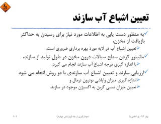 ‫ﺳﺎزﻧﺪ‬ ‫آب‬ ‫اﺷﺒﺎع‬ ‫ﺗﻌﻴﻴﻦ‬
‫ﺣﺪاﻛ‬ ‫ﺑﻪ‬ ‫رﺳﻴﺪن‬ ‫ﺑﺮاي‬ ‫ﻧﻴﺎز‬ ‫ﻣﻮرد‬ ‫اﻃﻼﻋﺎت‬ ‫ﺑﻪ‬ ‫ﻳﺎﺑﻲ‬ ‫دﺳﺖ‬ ‫ﻣﻨﻈﻮر‬ ‫ﺑﻪ‬‫ﺜﺮ‬
،‫ﻣﺨﺰن‬ ‫از‬ ‫ﺑﺎزﻳﺎﻓﺖ‬
‫اﺳﺖ‬ ‫ﺿﺮوري‬ ‫ﺑﺮداري‬ ‫ﺑﻬﺮه‬ ‫ﻣﻮرد‬ ‫ﻻﻳﻪ‬ ‫در‬ ‫آب‬ ‫اﺷﺒﺎع‬ ‫ﺗﻌﻴﻴﻦ‬.
،‫ﺳﺎزﻧﺪ‬ ‫از‬ ‫ﺗﻮﻟﻴﺪ‬ ‫ﻃﻮل‬ ‫در‬ ‫ﻣﺨﺰن‬ ‫درون‬ ‫ﺳﻴﺎﻻت‬ ‫ﺳﻄﺢ‬ ‫ﻛﺮدن‬ ‫ﻣﺎﻧﻴﺘﻮر‬
‫ﮔﻴﺮد‬ ‫ﻣﻲ‬ ‫اﻧﺠﺎم‬ ‫ﺳﺎزﻧﺪ‬ ‫آب‬ ‫اﺷﺒﺎع‬ ‫درﺟﻪ‬ ‫ﮔﻴﺮي‬ ‫اﻧﺪازه‬ ‫ﺑﺎ‬.
‫ﺷ‬ ‫ﻣﻲ‬ ‫اﻧﺠﺎم‬ ‫روش‬ ‫دو‬ ‫ﺑﺎ‬ ‫ﺳﺎزﻧﺪي‬ ‫آب‬ ‫اﺷﺒﺎع‬ ‫ﺗﻌﻴﻴﻦ‬ ‫و‬ ‫ﺳﺎزﻧﺪ‬ ‫ارزﻳﺎﺑﻲ‬‫ﻮد‬
‫و‬ ‫ﺗﺮﻣﺎل‬ ‫ﻧﻮﺗﺮون‬ ‫واﭘﺎﺷﻲ‬ ‫ﻣﻴﺰان‬ ‫ﮔﻴﺮي‬ ‫اﻧﺪازه‬
‫ﺳﺎزﻧﺪ‬ ‫در‬ ‫ﻣﻮﺟﻮد‬ ‫اﻛﺴﻴﮋن‬ ‫ﺑﻪ‬ ‫ﻛﺮﺑﻦ‬ ‫ﻧﺴﺒﻲ‬ ‫ﻣﻴﺰان‬ ‫ﺗﻌﻴﻴﻦ‬.
‫ﺑﻬﺎر‬94-‫ح‬.‫اﻋﻠﻤﻲ‬‫ﻧﻴﺎ‬‫ﭼﺎه‬ ‫از‬ ‫ﻧﻤﻮدارﮔﻴﺮي‬)‫ﭼﻬﺎرم‬ ‫وﻳﺮاﻳﺶ‬(101
 