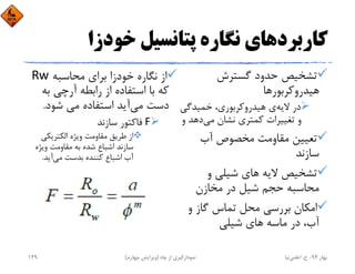 ‫ﺧﻮدزا‬ ‫ﭘﺘﺎﻧﺴﻴﻞ‬ ‫ﻧﮕﺎره‬ ‫ﻛﺎرﺑﺮدﻫﺎي‬
‫ﮔﺴﺘﺮش‬ ‫ﺣﺪود‬ ‫ﺗﺸﺨﻴﺺ‬
‫ﻫﻴﺪروﻛﺮﺑﻮر‬‫ﻫﺎ‬
‫ﻻﻳﻪ‬ ‫در‬‫ﺧﻤﻴﺪﮔﻲ‬ ،‫ﻫﻴﺪروﻛﺮﺑﻮري‬ ‫ي‬
‫ﻣﻲ‬ ‫ﻧﺸﺎن‬ ‫ﻛﻤﺘﺮي‬ ‫ﺗﻐﻴﻴﺮات‬ ‫و‬‫و‬ ‫دﻫﺪ‬
‫آب‬ ‫ﻣﺨﺼﻮص‬ ‫ﻣﻘﺎوﻣﺖ‬ ‫ﺗﻌﻴﻴﻦ‬
‫ﺳﺎزﻧﺪ‬
‫و‬ ‫ﺷﻴﻠﻲ‬ ‫ﻫﺎي‬ ‫ﻻﻳﻪ‬ ‫ﺗﺸﺨﻴﺺ‬
‫ﻣﺨﺎزن‬ ‫در‬ ‫ﺷﻴﻞ‬ ‫ﺣﺠﻢ‬ ‫ﻣﺤﺎﺳﺒﻪ‬
‫و‬ ‫ﮔﺎز‬ ‫ﺗﻤﺎس‬ ‫ﻣﺤﻞ‬ ‫ﺑﺮرﺳﻲ‬ ‫اﻣﻜﺎن‬
‫ﺷﻴﻠﻲ‬ ‫ﻫﺎي‬ ‫ﻣﺎﺳﻪ‬ ‫در‬ ،‫آب‬
‫ﻣﺤﺎﺳﺒﻪ‬ ‫ﺑﺮاي‬ ‫ﺧﻮدزا‬ ‫ﻧﮕﺎره‬ ‫از‬Rw
‫ﺑﻪ‬ ‫آرﭼﻲ‬ ‫راﺑﻄﻪ‬ ‫از‬ ‫اﺳﺘﻔﺎده‬ ‫ﺑﺎ‬ ‫ﻛﻪ‬
‫ﻣﻲ‬ ‫دﺳﺖ‬‫ﺷﻮد‬ ‫ﻣﻲ‬ ‫اﺳﺘﻔﺎده‬ ‫آﻳﺪ‬.
F‫ﺳﺎزﻧﺪ‬ ‫ﻓﺎﻛﺘﻮر‬
‫اﻟﻜﺘﺮﻳﻜﻲ‬ ‫وﻳﮋه‬ ‫ﻣﻘﺎوﻣﺖ‬ ‫ﻃﺮﻳﻖ‬ ‫از‬
‫وﻳﮋه‬ ‫ﻣﻘﺎوﻣﺖ‬ ‫ﺑﻪ‬ ‫ﺷﺪه‬ ‫اﺷﺒﺎع‬ ‫ﺳﺎزﻧﺪ‬
‫ﻣﻲ‬ ‫ﺑﺪﺳﺖ‬ ‫ﻛﻨﻨﺪه‬ ‫اﺷﺒﺎع‬ ‫آب‬‫آﻳﺪ‬.
‫ﺑﻬﺎر‬94-‫ح‬.‫اﻋﻠﻤﻲ‬‫ﻧﻴﺎ‬‫ﭼﺎه‬ ‫از‬ ‫ﻧﻤﻮدارﮔﻴﺮي‬)‫ﭼﻬﺎرم‬ ‫وﻳﺮاﻳﺶ‬(129
 