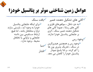 ‫ﭘﺘﺎﻧﺴﻴﻞ‬ ‫ﺑﺮ‬ ‫ﻣﻮﺛﺮ‬ ‫ﺷﻨﺎﺧﺘﻲ‬ ‫زﻣﻴﻦ‬ ‫ﻋﻮاﻣﻞ‬‫ﺧﻮدزا‬
‫ﺧﻤﻴﺮ‬ ‫دﻫﻨﺪه‬ ‫ﺗﺸﻜﻴﻞ‬ ‫ﻫﺎي‬ ‫ﻛﺎﻧﻲ‬
‫و‬ ‫ﻓﻠﺰي‬ ‫ﺳﻮﻟﻔﻮرﻫﺎي‬ ، ‫ذﻏﺎل‬ ،‫ﺟﺰ‬ ‫ﺑﻪ‬
‫ﻫﺎي‬ ‫ﻛﺎﻧﻲ‬ ‫ﻋﻤﻮﻣﺎ‬ ، ‫رﺳﺎﻧﺎ‬ ‫ﻫﺎي‬ ‫ﻛﺎﻧﻲ‬
‫اﺛﺮ‬ ، ‫ﺳﻨﮓ‬ ‫ﺧﻤﻴﺮ‬ ‫دﻫﻨﺪه‬ ‫ﺗﺸﻜﻴﻞ‬‫ي‬
‫ﻧﺪا‬ ‫ﺧﻮدزا‬ ‫ﭘﺘﺎﻧﺴﻴﻞ‬ ‫ﺟﺎﺑﺠﺎﻳﻲ‬ ‫ﺑﺮ‬‫رﻧﺪ‬.
‫رس‬ ‫وﺟﻮد‬
‫ﻫﻴﺪروﻛﺮﺑﻦ‬ ‫ﻫﻤﭽﻨﻴﻦ‬ ‫و‬ ‫رس‬ ‫وﺟﻮد‬
‫ﻫﺎ‬ ‫ﻳﻮن‬ ‫ﭘﺬﻳﺮي‬ ‫ﺗﺤﺮﻳﻚ‬ ، ‫ﺳﻨﮓ‬ ‫در‬
‫ﻧﻤﻮدار‬ ‫ﭘﺎﺳﺦ‬ ‫ﻟﺬا‬ ‫و‬ ، ‫ﻛﺮده‬ ‫ﻛﻢ‬ ‫را‬
‫دﻫﺪ‬ ‫ﻣﻲ‬ ‫ﻛﺎﻫﺶ‬ ‫را‬ ‫ﺧﻮدزا‬ ‫ﭘﺘﺎﻧﺴﻴﻞ‬.
‫ﺳﻨﮓ‬ ‫ﺑﺎﻓﺖ‬
‫ﭘﺘﺎﻧﺴﻴﻞ‬ ‫ﺟﺎﺑﺠﺎﻳﻲ‬ ‫اﻳﻨﻜﻪ‬ ‫ﺑﺮاي‬
‫ﺳﺎز‬ ‫ﺑﺎﻳﺴﺘﻲ‬ ، ‫آﻳﺪ‬ ‫وﺟﻮد‬ ‫ﺑﻪ‬ ‫ﺧﻮدزا‬‫ﻧﺪ‬
‫ﻫﻴﭻ‬ ‫اﻣﺎ‬ ، ‫ﺑﺎﺷﺪ‬ ‫ﻣﺘﺨﻠﺨﻞ‬ ‫و‬ ‫ﺗﺮاوا‬
‫داﻣﻨﻪ‬ ‫ﺑﻴﻦ‬ ‫ﻣﺴﺘﻘﻴﻤﻲ‬ ‫ارﺗﺒﺎط‬
‫ﺗﺨﻠﺨﻞ‬ ‫ﻳﺎ‬ ‫ﺗﺮاواﻳﻲ‬ ‫و‬ ‫ﺟﺎﺑﺠﺎﻳﻲ‬
‫ﻧﺪارد‬ ‫وﺟﻮد‬ ، ‫ﻣﺤﻴﻂ‬.
‫دﻣﺎ‬
‫ﻓﺸﺎر‬
‫ﺑﻬﺎر‬94-‫ح‬.‫اﻋﻠﻤﻲ‬‫ﻧﻴﺎ‬‫ﭼﺎه‬ ‫از‬ ‫ﻧﻤﻮدارﮔﻴﺮي‬)‫ﭼﻬﺎرم‬ ‫وﻳﺮاﻳﺶ‬(134
 