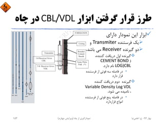 ‫اﺑﺰار‬ ‫ﮔﺮﻓﺘﻦ‬ ‫ﻗﺮار‬ ‫ﻃﺮز‬CBL/VDL‫ﭼﺎه‬ ‫در‬
‫داراي‬ ‫ﻧﻤﻮدار‬ ‫اﻳﻦ‬ ‫اﺑﺰار‬
‫ﻓﺮﺳﺘﻨﺪه‬ ‫ﻳﻚ‬Transmiter‫و‬
‫ﮔﻴﺮﻧﺪه‬ ‫دو‬Receiver،‫ﺑﺎﺷﺪ‬ ‫ﻣﻲ‬
،‫ﻛﻨﻨﺪه‬ ‫درﻳﺎﻓﺖ‬ ‫اول‬ ‫ﮔﻴﺮﻧﺪه‬
)CEMENT BOND 
LOG)CBL‫دارد‬ ‫ﻧﺎم‬.
•‫ﻓﺮﺳﺘﻨ‬ ‫از‬ ‫ﻓﻮﺗﻲ‬ ‫ﺳﻪ‬ ‫ﻓﺎﺻﻠﻪ‬ ‫در‬‫ﺪه‬
‫دارد‬ ‫ﻗﺮار‬
‫ﻛﻨﻨﺪه‬ ‫درﻳﺎﻓﺖ‬ ‫دوم‬ ‫ﮔﻴﺮﻧﺪه‬
Variable Density Log VDL 
‫ﺷﻮد‬ ‫ﻣﻲ‬ ‫ﻧﺎﻣﻴﺪه‬ ،.
•‫ﻓﺮﺳﺘ‬ ‫از‬ ‫ﻓﻮﺗﻲ‬ ‫ﭘﻨﺞ‬ ‫ﻓﺎﺻﻠﻪ‬ ‫در‬‫ﻨﺪه‬
‫ﻗﺮاردارد‬ ‫اﻣﻮاج‬
‫ﺑﻬﺎر‬94-‫ح‬.‫اﻋﻠﻤﻲ‬‫ﻧﻴﺎ‬‫ﭼﺎه‬ ‫از‬ ‫ﻧﻤﻮدارﮔﻴﺮي‬)‫ﭼﻬﺎرم‬ ‫وﻳﺮاﻳﺶ‬(153
 
