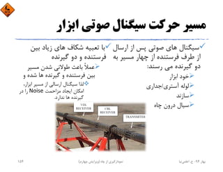 ‫اﺑﺰار‬ ‫ﺻﻮﺗﻲ‬ ‫ﺳﻴﮕﻨﺎل‬ ‫ﺣﺮﻛﺖ‬ ‫ﻣﺴﻴﺮ‬
‫ارﺳ‬ ‫از‬ ‫ﭘﺲ‬ ‫ﺻﻮﺗﻲ‬ ‫ﻫﺎي‬ ‫ﺳﻴﮕﻨﺎل‬‫ﺎل‬
‫ﺑ‬ ‫ﻣﺴﻴﺮ‬ ‫ﭼﻬﺎر‬ ‫از‬ ‫ﻓﺮﺳﺘﻨﺪه‬ ‫ﻃﺮف‬ ‫از‬‫ﻪ‬
‫رﺳﻨﺪ‬ ‫ﻣﻲ‬ ‫ﮔﻴﺮﻧﺪه‬ ‫دو‬:
‫اﺑﺰار‬ ‫ﺧﻮد‬
‫آﺳﺘﺮي‬ ‫ﻟﻮﻟﻪ‬/‫ﺟﺪاري‬
‫ﺳﺎزﻧﺪ‬
‫ﭼﺎه‬ ‫درون‬ ‫ﺳﻴﺎل‬
‫ﺑﻴﻦ‬ ‫زﻳﺎد‬ ‫ﻫﺎي‬ ‫ﺷﻜﺎف‬ ‫ﺗﻌﺒﻴﻪ‬ ‫ﺑﺎ‬
‫ﮔﻴﺮﻧﺪه‬ ‫دو‬ ‫و‬ ‫ﻓﺮﺳﺘﻨﺪه‬
‫ﻣﺴﻴﺮ‬ ‫ﺷﺪن‬ ‫ﻃﻮﻻﻧﻲ‬ ‫ﺑﺎﻋﺚ‬ ً‫ﻼ‬‫ﻋﻤ‬
‫ﺷﺪه‬ ‫ﻫﺎ‬ ‫ﮔﻴﺮﻧﺪه‬ ‫و‬ ‫ﻓﺮﺳﺘﻨﺪه‬ ‫ﺑﻴﻦ‬‫و‬
‫اﺑﺰار‬ ‫ﻣﺴﻴﺮ‬ ‫از‬ ‫ارﺳﺎﻟﻲ‬ ‫ﺳﻴﮕﻨﺎل‬ ‫ﻟﺬا‬،
‫ﻣﺰاﺣﻤﺖ‬ ‫اﻳﺠﺎد‬ ‫اﻣﻜﺎن‬Noise‫در‬ ‫را‬
‫ﻧﺪارد‬ ‫ﻫﺎ‬ ‫ﮔﻴﺮﻧﺪه‬.
‫ﺑﻬﺎر‬94-‫ح‬.‫اﻋﻠﻤﻲ‬‫ﻧﻴﺎ‬‫ﭼﺎه‬ ‫از‬ ‫ﻧﻤﻮدارﮔﻴﺮي‬)‫ﭼﻬﺎرم‬ ‫وﻳﺮاﻳﺶ‬(154
 