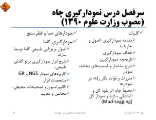 ‫ﭼﺎه‬ ‫ﻧﻤﻮدارﮔﻴﺮي‬ ‫درس‬ ‫ﺳﺮﻓﺼﻞ‬
)‫ﻋﻠﻮم‬ ‫وزارت‬ ‫ﻣﺼﻮب‬1390(
‫ﻛﻠﻴﺎت‬
‫ﻧﻤﻮدارﮔﻴﺮي‬ ‫ﻣﻘﺪﻣﻪ‬)‫و‬ ‫اﺻﻮل‬
‫ﺗﻌﺎرﻳﻒ‬(
‫ﻧﻤﻮدارﮔﻴﺮي‬ ‫اﻫﺪاف‬
‫ﻧﻤﻮدارﮔﻴﺮي‬ ‫ﺗﺎرﻳﺨﭽﻪ‬
‫ﻗﺴﻤﺖ‬ ‫و‬ ‫ﺳﺎﺧﺘﺎر‬ ‫ﺷﺮح‬‫ﻣﺨﺘﻠﻒ‬ ‫ﻫﺎي‬
‫ﻧﻤﻮدار‬
‫در‬ ‫رﻓﺘﻪ‬ ‫ﺑﻜﺎر‬ ‫ﻗﻮاﻋﺪ‬ ‫و‬ ‫ﻣﻘﺮرات‬
‫ﻧﻤﻮدارﻫﺎ‬
‫و‬ ‫ﮔﻞ‬ ‫ﻧﻔﻮذ‬ ‫اﺛﺮ‬ ،‫ﭼﺎه‬ ‫ﻣﺤﻴﻂ‬
‫ﮔﻞ‬ ‫ﻧﻤﻮدار‬ ‫و‬ ‫ﺳﺎزﻧﺪ‬ ‫آﻏﺸﺘﮕﻲ‬
(Mud‐Logging)
‫ﻧﻤﻮدار‬‫ﻗﻄﺮﺳﻨﺞ‬ ‫و‬ ‫دﻣﺎ‬ ‫ﻫﺎي‬
‫ﮔﺎﻣﺎ‬ ‫ﻧﻤﻮدارﮔﻴﺮي‬
‫ﺗﻮ‬ ‫ﮔﺎﻣﺎ‬ ‫ﻃﺒﻴﻌﻲ‬ ‫ﭘﺮﺗﻮزاﻳﻲ‬ ‫اﺻﻮل‬‫ﺳﻂ‬
‫ﺳﺎزﻧﺪ‬
‫ﮔﺎﻣ‬ ‫ﭘﺮﺗﻮ‬ ‫ﻧﻤﻮدارﮔﻴﺮي‬ ‫اﺑﺰار‬ ‫ﺷﺮح‬‫ﺎي‬
،‫ﻃﺒﻴﻌﻲ‬
‫ﻛﺎرﺑﺮد‬‫ﻧﻤﻮدار‬ ‫ﻫﺎي‬NGS‫و‬GR
،‫اﺑﺰار‬ ‫ﻣﺸﺨﺼﺎت‬
‫ﻣﺤﻴ‬ ‫ﺗﺼﺤﻴﺤﺎت‬ ‫و‬ ‫ﻛﺎﻟﻴﺒﺮاﺳﻴﻮن‬،‫ﻄﻲ‬
‫ﻣﻌﺎﻳﺐ‬ ‫و‬ ‫ﻣﺤﺎﺳﻦ‬
‫ﺑﻬﺎر‬94-‫ح‬.‫اﻋﻠﻤﻲ‬‫ﻧﻴﺎ‬‫ﭼﺎه‬ ‫از‬ ‫ﻧﻤﻮدارﮔﻴﺮي‬)‫ﭼﻬﺎرم‬ ‫وﻳﺮاﻳﺶ‬(18
 