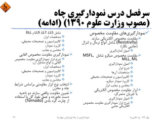 ‫ﭼﺎه‬ ‫ﻧﻤﻮدارﮔﻴﺮي‬ ‫درس‬ ‫ﺳﺮﻓﺼﻞ‬
)‫ﻋﻠﻮم‬ ‫وزارت‬ ‫ﻣﺼﻮب‬1390) (‫اداﻣﻪ‬(
‫ﻧﻤﻮدارﮔﻴﺮي‬‫ﻣﺨﺼﻮص‬ ‫ﻣﻘﺎوﻣﺖ‬ ‫ﻫﺎي‬
‫ﺳﺎزﻧﺪ‬ ‫اﻟﻜﺘﺮﻳﻜﻲ‬ ‫ﻣﺨﺼﻮص‬ ‫ﻣﻘﺎوﻣﺖ‬
(Resistivity)‫ﻟﺘﺮال‬ ‫و‬ ‫ﻧﺮﻣﺎل‬ ‫اﻧﻮاع‬ ‫ﺷﺎﻣﻞ‬
)‫ﻧﮕﺎر‬ ‫ﺟﺎﻧﺒﻲ‬(
‫اﻧﺪازه‬ ‫اﺻﻮل‬‫ﮔﻴﺮي‬
‫ﺷﺎﻣﻞ‬ ‫ﻣﻴﻜﺮو‬ ‫ﻣﺨﺼﻮص‬ ‫ﻣﻘﺎوﻣﺖ‬MSFL, 
MLL, ML
‫ﻧﻤﻮدارﮔﻴﺮي‬ ‫اﺻﻮل‬
‫اﺑﺰار‬ ‫ﺷﺮح‬
‫آن‬ ‫ﻣﺸﺨﺼﺎت‬‫ﻫﺎ‬
‫ﻣﺤﻴﻄﻲ‬ ‫ﺗﺼﺤﻴﺤﺎت‬ ‫و‬ ‫ﻛﺎﻟﻴﺒﺮاﺳﻴﻮن‬
،‫ﻣﻴﻜﺮو‬ ‫ﻧﻤﻮدار‬ ‫ﻛﺎرﺑﺮد‬
‫اﺑﺰار‬ ‫ﻣﻌﺎﻳﺐ‬ ‫و‬ ‫ﻣﺤﺎﺳﻦ‬
‫اﻟﻜﺘﺮﻳﻜﻲ‬ ‫ﻣﺨﺼﻮص‬ ‫ﻣﻘﺎوﻣﺖ‬ ‫اﺑﺰار‬
،‫ﻣﺘﻤﺮﻛﺰ‬ ‫ﺟﺮﻳﺎن‬ ‫ﺑﺎ‬
‫ﻧﻤﻮدارﮔﻴﺮي‬ ‫اﺻﻮل‬
‫ﻣﺨﺼﻮص‬ ‫ﻣﻘﺎوﻣﺖ‬ ‫ﻧﻤﻮدارﮔﻴﺮي‬ ‫اﺑﺰار‬ ‫ﺷﺮح‬
‫ﺟﺎﻧﺒﻲ‬ ‫اﻟﻜﺘﺮﻳﻜﻲ‬
‫ﺷﺎﻣﻞ‬LL5،LL7،LL9‫و‬DLL
،‫اﺑﺰار‬ ‫ﻣﺸﺨﺼﺎت‬
،‫ﻣﺤﻴﻄﻲ‬ ‫ﺗﺼﺤﻴﺤﺎت‬ ‫و‬ ‫ﻛﺎﻟﻴﺒﺮاﺳﻴﻮن‬
،‫ﻧﻤﻮدار‬ ‫ﻛﺎرﺑﺮد‬
‫ﻣﻌﺎﻳﺐ‬ ‫و‬ ‫ﻣﺤﺎﺳﻦ‬
‫اﻟﻘﺎﻳﻲ‬ ‫ﻣﺨﺼﻮص‬ ‫ﻣﻘﺎوﻣﺖ‬ ‫ﻧﻤﻮدارﮔﻴﺮي‬
‫ﻣﺨﺼﻮص‬ ‫ﻣﻘﺎوﻣﺖ‬ ‫ﻧﻤﻮدارﮔﻴﺮي‬ ‫اﺑﺰار‬ ‫ﺷﺮح‬
،‫آن‬ ‫ﻣﺘﺪاول‬ ‫اﻧﻮاع‬ ‫و‬ ‫اﻟﻘﺎﻳﻲ‬
،‫اﺑﺰار‬ ‫ﻣﺸﺨﺼﺎت‬
،‫ﻣﺤﻴﻄﻲ‬ ‫ﺗﺼﺤﻴﺤﺎت‬ ‫و‬ ‫ﻛﺎﻟﻴﺒﺮاﺳﻴﻮن‬
،‫ﻧﻤﻮدار‬ ‫ﻛﺎرﺑﺮد‬
‫ﻣﻌﺎﻳﺐ‬ ‫و‬ ‫ﻣﺤﺎﺳﻦ‬
‫ﺷﺮاﻳ‬ ‫ﺑﺮاﺳﺎس‬ ‫ﻣﻘﺎوﻣﺘﻲ‬ ‫اﺑﺰار‬ ‫ﻧﻮع‬ ‫اﻧﺘﺨﺎب‬‫ﻂ‬
‫ﻣﺨﺰن‬ ‫و‬ ‫ﭼﺎه‬
‫ﻧﺎﺣﻴﻪ‬ ‫دو‬ ‫ﺳﺎزﻧﺪ‬ ‫واﻗﻌﻲ‬ ‫ﻣﻘﺎوﻣﺖ‬ ‫ﺗﻌﻴﻴﻦ‬
‫اﺳﺘﻔﺎد‬ ‫ﺑﺎ‬ ‫ﮔﻞ‬ ‫ﻧﻔﻮذ‬ ‫ﻋﻤﻖ‬ ‫و‬ ‫ﻧﺨﻮرده‬ ‫دﺳﺖ‬‫ه‬
‫ﺑﺎدي‬ ‫ﮔﺮد‬ ‫ﭼﺎرت‬ ‫از‬(Tornado)
‫ﺑﻬﺎر‬94-‫ح‬.‫اﻋﻠﻤﻲ‬‫ﻧﻴﺎ‬‫ﭼﺎه‬ ‫از‬ ‫ﻧﻤﻮدارﮔﻴﺮي‬)‫ﭼﻬﺎرم‬ ‫وﻳﺮاﻳﺶ‬(21
 