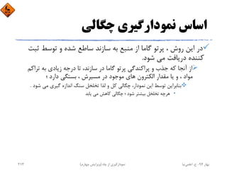 ‫ﭼﮕﺎﻟﻲ‬ ‫ﻧﻤﻮدارﮔﻴﺮي‬ ‫اﺳﺎس‬
‫ﺛﺒ‬ ‫ﺗﻮﺳﻂ‬ ‫و‬ ‫ﺷﺪه‬ ‫ﺳﺎﻃﻊ‬ ‫ﺳﺎزﻧﺪ‬ ‫ﺑﻪ‬ ‫ﻣﻨﺒﻊ‬ ‫از‬ ‫ﮔﺎﻣﺎ‬ ‫ﭘﺮﺗﻮ‬ ، ‫روش‬ ‫اﻳﻦ‬ ‫در‬‫ﺖ‬
‫ﺷﻮد‬ ‫ﻣﻲ‬ ‫درﻳﺎﻓﺖ‬ ‫ﻛﻨﻨﺪه‬.
‫ﺗﺮاﻛ‬ ‫ﺑﻪ‬ ‫زﻳﺎدي‬ ‫درﺟﻪ‬ ‫ﺗﺎ‬ ،‫ﺳﺎزﻧﺪ‬ ‫در‬ ‫ﮔﺎﻣﺎ‬ ‫ﭘﺮﺗﻮ‬ ‫ﭘﺮاﻛﻨﺪﮔﻲ‬ ‫و‬ ‫ﺟﺬب‬ ‫ﻛﻪ‬ ‫آﻧﺠﺎ‬ ‫از‬‫ﻢ‬
‫؛‬ ‫دارد‬ ‫ﺑﺴﺘﮕﻲ‬ ، ‫ﻣﺴﻴﺮش‬ ‫در‬ ‫ﻣﻮﺟﻮد‬ ‫ﻫﺎي‬ ‫اﻟﻜﺘﺮون‬ ‫ﻣﻘﺪار‬ ‫ﻳﺎ‬ ‫و‬ ، ‫ﻣﻮاد‬
‫ﺷﻮ‬ ‫ﻣﻲ‬ ‫ﮔﻴﺮي‬ ‫اﻧﺪازه‬ ‫ﺳﻨﮓ‬ ‫ﺗﺨﻠﺨﻞ‬ ‫ﻟﺬا‬ ‫و‬ ‫ﻛﻞ‬ ‫ﭼﮕﺎﻟﻲ‬ ،‫ﻧﻤﻮدار‬ ‫اﻳﻦ‬ ‫ﺗﻮﺳﻂ‬ ‫ﺑﻨﺎﺑﺮاﻳﻦ‬‫د‬.
•‫ﻳﺎﺑﺪ‬ ‫ﻣﻲ‬ ‫ﻛﺎﻫﺶ‬ ‫ﭼﮕﺎﻟﻲ‬ ‫؛‬ ‫ﺷﻮد‬ ‫ﺑﻴﺸﺘﺮ‬ ‫ﺗﺨﻠﺨﻞ‬ ‫ﻫﺮﭼﻪ‬
‫ﺑﻬﺎر‬94-‫ح‬.‫اﻋﻠﻤﻲ‬‫ﻧﻴﺎ‬‫ﭼﺎه‬ ‫از‬ ‫ﻧﻤﻮدارﮔﻴﺮي‬)‫ﭼﻬﺎرم‬ ‫وﻳﺮاﻳﺶ‬(213
 