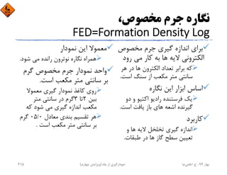 ،‫ﻣﺨﺼﻮص‬ ‫ﺟﺮم‬ ‫ﻧﮕﺎره‬
FED=Formation Density Log
‫ﻣﺨﺼﻮص‬ ‫ﺟﺮم‬ ‫ﮔﻴﺮي‬ ‫اﻧﺪازه‬ ‫ﺑﺮاي‬
‫رود‬ ‫ﻣﻲ‬ ‫ﻛﺎر‬ ‫ﺑﻪ‬ ‫ﻫﺎ‬ ‫ﻻﻳﻪ‬ ‫اﻟﻜﺘﺮوﻧﻲ‬
‫ﻫﺮ‬ ‫در‬ ‫ﻫﺎ‬ ‫اﻟﻜﺘﺮون‬ ‫ﺗﻌﺪاد‬ ‫ﺑﺮاﺑﺮ‬ ‫ﻛﻪ‬
‫اﺳﺖ‬ ‫ﺳﻨﮓ‬ ‫از‬ ‫ﻣﻜﻌﺐ‬ ‫ﻣﺘﺮ‬ ‫ﺳﺎﻧﺘﻲ‬.
‫ﻧﮕﺎره‬ ‫اﻳﻦ‬ ‫اﺑﺰار‬ ‫اﺳﺎس‬
‫دو‬ ‫و‬ ‫اﻛﺘﻴﻮ‬ ‫رادﻳﻮ‬ ‫ﻓﺮﺳﺘﻨﺪه‬ ‫ﻳﻚ‬
‫اﺳﺖ‬ ‫ﻳﺎﻓﺖ‬ ‫ﺑﺎز‬ ‫ﻫﺎي‬ ‫اﺷﻌﻪ‬ ‫ﮔﻴﺮﻧﺪه‬.
‫ﻛﺎرﺑﺮد‬
‫و‬ ‫ﻫﺎ‬ ‫ﻻﻳﻪ‬ ‫ﺗﺨﻠﺨﻞ‬ ‫ﮔﻴﺮي‬ ‫اﻧﺪازه‬
‫ﻃﺒﻘﺎت‬ ‫در‬ ‫ﻫﺎ‬ ‫ﮔﺎز‬ ‫ﺳﻄﺢ‬ ‫ﺗﻌﻴﻴﻦ‬.
‫ﻧﻤﻮدار‬ ‫اﻳﻦ‬ ‫ﻣﻌﻤﻮﻻ‬
‫ﺷﻮد‬ ‫ﻣﻲ‬ ‫راﻧﺪه‬ ‫ﻧﻮﺗﺮون‬ ‫ﻧﮕﺎره‬ ‫ﻫﻤﺮاه‬.
‫ﮔﺮم‬ ‫ﻣﺨﺼﻮص‬ ‫ﺟﺮم‬ ‫ﻧﻤﻮدار‬ ‫واﺣﺪ‬
‫اﺳﺖ‬ ‫ﻣﻜﻌﺐ‬ ‫ﻣﺘﺮ‬ ‫ﺳﺎﻧﺘﻲ‬ ‫ﺑﺮ‬.
‫ﻣﻌﻤﻮﻻ‬ ‫ﮔﻴﺮي‬ ‫ﻧﻤﻮدار‬ ‫ﻛﺎﻏﺬ‬ ‫روي‬
‫ﺑﻴﻦ‬2‫ﺗﺎ‬3‫ﻣﺘﺮ‬ ‫ﺳﺎﻧﺘﻲ‬ ‫در‬ ‫ﮔﺮم‬
‫ﻛﻪ‬ ‫ﺷﻮد‬ ‫ﻣﻲ‬ ‫ﮔﻴﺮي‬ ‫اﻧﺪازه‬ ‫ﻣﻜﻌﺐ‬
‫ﻣﻌﺎدل‬ ‫ﺑﻨﺪي‬ ‫ﺗﻘﺴﻴﻢ‬ ‫ﻫﺮ‬05/0‫ﮔﺮم‬
‫اﺳﺖ‬ ‫ﻣﻜﻌﺐ‬ ‫ﻣﺘﺮ‬ ‫ﺳﺎﻧﺘﻲ‬ ‫ﺑﺮ‬.
‫ﺑﻬﺎر‬94-‫ح‬.‫اﻋﻠﻤﻲ‬‫ﻧﻴﺎ‬‫ﭼﺎه‬ ‫از‬ ‫ﻧﻤﻮدارﮔﻴﺮي‬)‫ﭼﻬﺎرم‬ ‫وﻳﺮاﻳﺶ‬(215
 