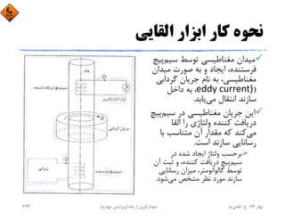 ‫اﻟﻘﺎﻳﻲ‬ ‫اﺑﺰار‬ ‫ﻛﺎر‬ ‫ﻧﺤﻮه‬
‫ﺳﻴﻢ‬ ‫ﺗﻮﺳﻂ‬ ‫ﻣﻐﻨﺎﻃﻴﺴﻲ‬ ‫ﻣﻴﺪان‬‫ﭘ‬‫ﻴﭻ‬
‫ﻣﻴﺪ‬ ‫ﺻﻮرت‬ ‫ﺑﻪ‬ ‫و‬ ‫اﻳﺠﺎد‬ ،‫ﻓﺮﺳﺘﻨﺪه‬‫ان‬
‫ﮔﺮداﺑ‬ ‫ﺟﺮﻳﺎن‬ ‫ﻧﺎم‬ ‫ﺑﻪ‬ ،‫ﻣﻐﻨﺎﻃﻴﺴﻲ‬‫ﻲ‬
)eddy current)، ‫داﺧﻞ‬ ‫ﺑﻪ‬
‫ﻣﻲ‬ ‫اﻧﺘﻘﺎل‬ ‫ﺳﺎزﻧﺪ‬‫ﻳﺎﺑﺪ‬.
‫ﺳﻴﻢ‬ ‫در‬ ‫ﻣﻐﻨﺎﻃﻴﺴﻲ‬ ‫ﺟﺮﻳﺎن‬ ‫اﻳﻦ‬‫ﭘ‬‫ﻴﭻ‬
‫اﻟﻘﺎ‬ ‫را‬ ‫وﻟﺘﺎژي‬ ‫ﻛﻨﻨﺪه‬ ‫درﻳﺎﻓﺖ‬
‫ﻣﻲ‬‫ﺑﺎ‬ ‫ﻣﺘﻨﺎﺳﺐ‬ ‫آن‬ ‫ﻣﻘﺪار‬ ‫ﻛﻪ‬ ‫ﻛﻨﺪ‬
‫اﺳﺖ‬ ‫ﺳﺎزﻧﺪ‬ ‫رﺳﺎﻧﺎﻳﻲ‬.
‫در‬ ‫ﺷﺪه‬ ‫اﻳﺠﺎد‬ ‫وﻟﺘﺎژ‬ ‫ﺑﺮﺣﺴﺐ‬
‫ﺳﻴﻢ‬‫ﺛﺒﺖ‬ ‫و‬ ،‫ﻛﻨﻨﺪه‬ ‫درﻳﺎﻓﺖ‬ ‫ﭘﻴﭻ‬‫آن‬
‫رﺳﺎﻧﺎﻳﻲ‬ ‫ﻣﻴﺰان‬ ،‫ﮔﺎﻟﻮاﻧﻮﻣﺘﺮ‬ ‫ﺗﻮﺳﻂ‬
‫ﻣﻲ‬ ‫ﻣﺸﺨﺺ‬ ‫ﻧﻈﺮ‬ ‫ﻣﻮرد‬ ‫ﺳﺎزﻧﺪ‬‫ﺷﻮد‬.
‫ﺑﻬﺎر‬94-‫ح‬.‫اﻋﻠﻤﻲ‬‫ﻧﻴﺎ‬‫ﭼﺎه‬ ‫از‬ ‫ﻧﻤﻮدارﮔﻴﺮي‬)‫ﭼﻬﺎرم‬ ‫وﻳﺮاﻳﺶ‬(243
 