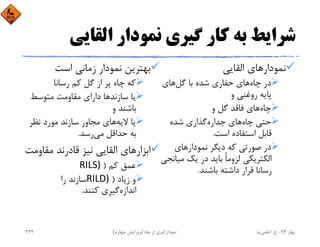 ‫اﻟﻘﺎﻳﻲ‬ ‫ﻧﻤﻮدار‬ ‫ﮔﻴﺮي‬ ‫ﻛﺎر‬ ‫ﺑﻪ‬ ‫ﺷﺮاﻳﻂ‬
‫اﻟﻘﺎﻳﻲ‬ ‫ﻧﻤﻮدارﻫﺎي‬
‫ﭼﺎه‬ ‫در‬‫ﮔﻞ‬ ‫ﺑﺎ‬ ‫ﺷﺪه‬ ‫ﺣﻔﺎري‬ ‫ﻫﺎي‬‫ﻫﺎي‬
‫و‬ ‫روﻏﻨﻲ‬ ‫ﭘﺎﻳﻪ‬
‫ﭼﺎه‬‫و‬ ‫ﮔﻞ‬ ‫ﻓﺎﻗﺪ‬ ‫ﻫﺎي‬
‫ﭼﺎه‬ ‫ﺣﺘﻲ‬‫ﺟﺪاره‬ ‫ﻫﺎي‬‫ﺷﺪه‬ ‫ﮔﺬاري‬
‫اﺳﺖ‬ ‫اﺳﺘﻔﺎده‬ ‫ﻗﺎﺑﻞ‬.
‫ﻧﻤﻮدارﻫﺎي‬ ‫دﻳﮕﺮ‬ ‫ﻛﻪ‬ ‫ﺻﻮرﺗﻲ‬ ‫در‬
‫ﻣﻴ‬ ‫ﻳﻚ‬ ‫در‬ ‫ﺑﺎﻳﺪ‬ ً‫ﺎ‬‫ﻟﺰوﻣ‬ ‫اﻟﻜﺘﺮﻳﻜﻲ‬‫ﺎﻧﺠﻲ‬
‫ﺑﺎﺷﻨﺪ‬ ‫داﺷﺘﻪ‬ ‫ﻗﺮار‬ ‫رﺳﺎﻧﺎ‬.
‫اﺳﺖ‬ ‫زﻣﺎﻧﻲ‬ ‫ﻧﻤﻮدار‬ ‫ﺑﻬﺘﺮﻳﻦ‬
‫رﺳﺎﻧﺎ‬ ‫ﻛﻢ‬ ‫ﮔﻞ‬ ‫از‬ ‫ﭘﺮ‬ ‫ﭼﺎه‬ ‫ﻛﻪ‬
‫ﻣﺘﻮﺳﻂ‬ ‫ﻣﻘﺎوﻣﺖ‬ ‫داراي‬ ‫ﺳﺎزﻧﺪﻫﺎ‬ ‫ﻳﺎ‬
‫و‬ ‫ﺑﺎﺷﻨﺪ‬
‫ﻻﻳﻪ‬ ‫ﻳﺎ‬‫ﻧﻈﺮ‬ ‫ﻣﻮرد‬ ‫ﺳﺎزﻧﺪ‬ ‫ﻣﺠﺎور‬ ‫ﻫﺎي‬
‫ﻣﻲ‬ ‫ﺣﺪاﻗﻞ‬ ‫ﺑﻪ‬‫رﺳﺪ‬.
‫ﻣﻘﺎو‬ ‫ﻗﺎدرﻧﺪ‬ ‫ﻧﻴﺰ‬ ‫اﻟﻘﺎﻳﻲ‬ ‫اﺑﺰارﻫﺎي‬‫ﻣﺖ‬
‫ﻛﻢ‬ ‫ﻋﻤﻖ‬)RILS) 
‫زﻳﺎد‬ ‫و‬)RILD) ‫را‬ ‫ﺳﺎزﻧﺪ‬
‫اﻧﺪازه‬‫ﻛﻨﻨﺪ‬ ‫ﮔﻴﺮي‬.
‫ﺑﻬﺎر‬94-‫ح‬.‫اﻋﻠﻤﻲ‬‫ﻧﻴﺎ‬‫ﭼﺎه‬ ‫از‬ ‫ﻧﻤﻮدارﮔﻴﺮي‬)‫ﭼﻬﺎرم‬ ‫وﻳﺮاﻳﺶ‬(244
 