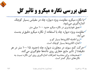 ‫ﮔ‬ ‫ﺗﺎﺛﻴﺮ‬ ‫و‬ ‫ﻣﻴﻜﺮو‬ ‫ﻧﮕﺎره‬ ‫ﺑﺮرﺳﻲ‬ ‫ﻋﻤﻖ‬‫ﻞ‬
‫ﻛﻮﭼﻚ‬ ‫ﺑﺴﻴﺎر‬ ‫ﻣﻘﻴﺎس‬ ‫در‬ ‫ﭼﺎه‬ ‫دﻳﻮاره‬ ‫وﻳﮋه‬ ‫ﻣﻘﺎوﻣﺖ‬ ،‫ﻣﻴﻜﺮو‬ ‫ﻧﮕﺎره‬ ‫ﺑﺎ‬
‫اﻧﺪازه‬‫ﻣﻲ‬ ‫ﮔﻴﺮي‬‫ﺷﻮد‬.
‫ﺣﺪود‬ ‫ﻣﻴﻜﺮو‬ ‫ﻧﮕﺎره‬ ‫در‬ ‫ﻧﻔﻮذﭘﺬﻳﺮي‬ ‫ﻋﻤﻖ‬100‫ﻣﺘﺮ‬ ‫ﻣﻴﻠﻲ‬.
‫دﻗﻴﻖ‬ ‫ﻣﻴﻜﺮو‬ ‫ﻧﮕﺎره‬ ‫از‬ ‫اﺳﺘﻔﺎده‬ ‫ﺑﺎ‬ ‫ﭼﺎه‬ ‫دﻳﻮاره‬ ‫وﻳﮋه‬ ‫ﻣﻘﺎوﻣﺖ‬‫ﺑﺪﺳ‬ ‫ﺗﺮ‬‫ﺖ‬
‫ﻣﻲ‬،‫آﻳﺪ‬
‫اﻟﻜﺘﺮود‬ ‫ﻓﺎﺻﻠﻪ‬ ‫زﻳﺮا‬‫و‬ ‫ﻛﻢ‬ ‫ﺑﺴﻴﺎر‬ ‫ﻫﺎ‬
‫اﻟﻜﺘﺮود‬ ‫اﻧﺪازه‬‫اﺳﺖ‬ ‫ﻛﻮﭼﻚ‬ ‫ﺑﺴﻴﺎر‬ ‫ﻫﺎ‬.
‫ﭼﺎه‬ ‫دﻳﻮاره‬ ‫ﻣﺠﺎورت‬ ‫در‬ ‫ﺳﻮﻧﺪ‬ ‫ﻛﻨﺪ‬ ‫ﺣﺮﻛﺖ‬)‫ﺣﺪود‬15-10‫ﻫﺮ‬ ‫در‬ ‫ﻣﺘﺮ‬
‫دﻗﻴﻘﻪ‬(‫داده‬ ‫روي‬ ‫ﺣﻔﺎري‬ ‫ﻣﺎﻳﻊ‬ ‫ﺗﺄﺛﻴﺮ‬ ‫از‬‫ﻣﻲ‬ ‫ﺟﻠﻮﮔﻴﺮي‬ ‫ﻫﺎ‬‫ﻛﻨﺪ‬.
‫اﻧﺪازه‬ ‫اﻧﺤﺮاﻓﺎت‬ ‫ﻣﺤﺎﺳﺒﻪ‬ ‫ﺑﺮاي‬ ‫ﺗﺼﺤﻴﺤﺎت‬‫ﺑ‬ ‫ﻧﺴﺒﺖ‬ ‫ﻧﮕﺎره‬ ‫اﻳﻦ‬ ‫روي‬ ‫ﮔﻴﺮي‬‫ﻪ‬
‫ﻧﮕﺎره‬‫اﺳﺖ‬ ‫ﻛﻤﺘﺮ‬ ‫دﻳﮕﺮ‬ ‫ﻫﺎي‬.
‫ﺑﻬﺎر‬94-‫ح‬.‫اﻋﻠﻤﻲ‬‫ﻧﻴﺎ‬‫ﭼﺎه‬ ‫از‬ ‫ﻧﻤﻮدارﮔﻴﺮي‬)‫ﭼﻬﺎرم‬ ‫وﻳﺮاﻳﺶ‬(252
 