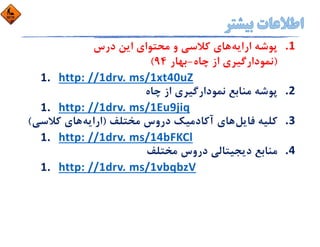 1.‫اراﻳﻪ‬ ‫ﭘﻮﺷﻪ‬‫درس‬ ‫اﻳﻦ‬ ‫ﻣﺤﺘﻮاي‬ ‫و‬ ‫ﻛﻼﺳﻲ‬ ‫ﻫﺎي‬
)‫ﭼﺎه‬ ‫از‬ ‫ﻧﻤﻮدارﮔﻴﺮي‬-‫ﺑﻬﺎر‬94(
1. http: //1drv. ms/1xt40uZ
2.‫ﭼﺎه‬ ‫از‬ ‫ﻧﻤﻮدارﮔﻴﺮي‬ ‫ﻣﻨﺎﺑﻊ‬ ‫ﭘﻮﺷﻪ‬
1. http: //1drv. ms/1Eu9jiq
3.‫ﻓﺎﻳﻞ‬ ‫ﻛﻠﻴﻪ‬‫ﻣﺨﺘﻠﻒ‬ ‫دروس‬ ‫آﻛﺎدﻣﻴﻚ‬ ‫ﻫﺎي‬)‫اراﻳﻪ‬‫ﻛﻼﺳ‬ ‫ﻫﺎي‬‫ﻲ‬(
1. http: //1drv. ms/14bFKCl
4.‫ﻣﺨﺘﻠﻒ‬ ‫دروس‬ ‫دﻳﺠﻴﺘﺎﻟﻲ‬ ‫ﻣﻨﺎﺑﻊ‬
1. http: //1drv. ms/1vbqbzV
 