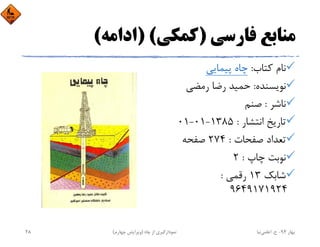 ‫ﻓﺎرﺳﻲ‬ ‫ﻣﻨﺎﺑﻊ‬)‫ﻛﻤﻜﻲ‬) (‫اداﻣﻪ‬(
‫ﻛﺘﺎب‬ ‫ﻧﺎم‬:‫ﭘﻴﻤﺎﻳﻲ‬ ‫ﭼﺎه‬
‫ﻧﻮﻳﺴﻨﺪه‬:‫رﻣﻀﻲ‬ ‫رﺿﺎ‬ ‫ﺣﻤﻴﺪ‬
‫ﻧﺎﺷﺮ‬:‫ﺻﻨﻢ‬
‫اﻧﺘﺸﺎر‬ ‫ﺗﺎرﻳﺦ‬:1385-01-01
‫ﺻﻔﺤﺎت‬ ‫ﺗﻌﺪاد‬:274‫ﺻﻔﺤﻪ‬
‫ﭼﺎپ‬ ‫ﻧﻮﺑﺖ‬:2
‫ﺷﺎﺑﻚ‬13‫رﻗﻤﻲ‬:
9649171924
‫ﺑﻬﺎر‬94-‫ح‬.‫اﻋﻠﻤﻲ‬‫ﻧﻴﺎ‬‫ﭼﺎه‬ ‫از‬ ‫ﻧﻤﻮدارﮔﻴﺮي‬)‫ﭼﻬﺎرم‬ ‫وﻳﺮاﻳﺶ‬(28
 