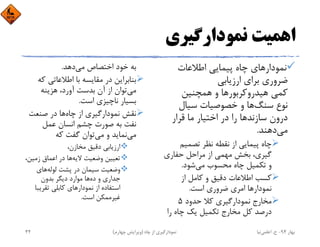 ‫ﻧﻤﻮدارﮔﻴﺮي‬ ‫اﻫﻤﻴﺖ‬
‫اﻃﻼﻋﺎت‬ ‫ﭘﻴﻤﺎﻳﻲ‬ ‫ﭼﺎه‬ ‫ﻧﻤﻮدارﻫﺎي‬
‫ارزﻳﺎﺑﻲ‬ ‫ﺑﺮاي‬ ‫ﺿﺮوري‬
‫ﻫﻴﺪروﻛﺮﺑﻮر‬ ‫ﻛﻤﻲ‬‫ﻫﻤﭽﻨﻴﻦ‬ ‫و‬ ‫ﻫﺎ‬
‫ﺳﻨﮓ‬ ‫ﻧﻮع‬‫ﺳﻴﺎل‬ ‫ﺧﺼﻮﺻﻴﺎت‬ ‫و‬ ‫ﻫﺎ‬
‫ﺳﺎزﻧﺪ‬ ‫درون‬‫ﻗﺮار‬ ‫ﻣﺎ‬ ‫اﺧﺘﻴﺎر‬ ‫در‬ ‫را‬ ‫ﻫﺎ‬
‫ﻣﻲ‬‫دﻫﻨﺪ‬.
‫ﺗﺼﻤﻴﻢ‬ ‫ﻧﻈﺮ‬ ‫ﻧﻘﻄﻪ‬ ‫از‬ ‫ﭘﻴﻤﺎﻳﻲ‬ ‫ﭼﺎه‬
‫ﺣﻔﺎري‬ ‫ﻣﺮاﺣﻞ‬ ‫از‬ ‫ﻣﻬﻤﻲ‬ ‫ﺑﺨﺶ‬ ،‫ﮔﻴﺮي‬
‫ﻣﻲ‬ ‫ﻣﺤﺴﻮب‬ ‫ﭼﺎه‬ ‫ﺗﻜﻤﻴﻞ‬ ‫و‬‫ﺷﻮد‬.
‫از‬ ‫ﻛﺎﻣﻞ‬ ‫و‬ ‫دﻗﻴﻖ‬ ‫اﻃﻼﻋﺎت‬ ‫ﻛﺴﺐ‬
‫ﻧﻤﻮدار‬‫اﺳﺖ‬ ‫ﺿﺮوري‬ ‫اﻣﺮي‬ ‫ﻫﺎ‬.
‫ﺣﺪود‬ ‫ﻛﻼ‬ ‫ﻧﻤﻮدارﮔﻴﺮي‬ ‫ﻣﺨﺎرج‬5
‫را‬ ‫ﭼﺎه‬ ‫ﻳﻚ‬ ‫ﺗﻜﻤﻴﻞ‬ ‫ﻣﺨﺎرج‬ ‫ﻛﻞ‬ ‫درﺻﺪ‬
‫ﻣﻲ‬ ‫اﺧﺘﺼﺎص‬ ‫ﺧﻮد‬ ‫ﺑﻪ‬‫دﻫﺪ‬.
‫ﻛ‬ ‫اﻃﻼﻋﺎﺗﻲ‬ ‫ﺑﺎ‬ ‫ﻣﻘﺎﻳﺴﻪ‬ ‫در‬ ‫ﺑﻨﺎﺑﺮاﻳﻦ‬‫ﻪ‬
‫ﻣﻲ‬‫ﻫﺰﻳﻨﻪ‬ ،‫آورد‬ ‫ﺑﺪﺳﺖ‬ ‫آن‬ ‫از‬ ‫ﺗﻮان‬
‫اﺳﺖ‬ ‫ﻧﺎﭼﻴﺰي‬ ‫ﺑﺴﻴﺎر‬.
‫ﭼﺎه‬ ‫از‬ ‫ﻧﻤﻮدارﮔﻴﺮي‬ ‫ﻧﻘﺶ‬‫ﺻﻨﻌﺖ‬ ‫در‬ ‫ﻫﺎ‬
‫ﻋﻤﻞ‬ ‫اﻧﺴﺎن‬ ‫ﭼﺸﻢ‬ ‫ﺻﻮرت‬ ‫ﺑﻪ‬ ‫ﻧﻔﺖ‬
‫ﻣﻲ‬‫ﻣﻲ‬ ‫و‬ ‫ﻧﻤﺎﻳﺪ‬‫ﻛﻪ‬ ‫ﮔﻔﺖ‬ ‫ﺗﻮان‬
،‫ﻣﺨﺎزن‬ ‫دﻗﻴﻖ‬ ‫ارزﻳﺎﺑﻲ‬
‫ﻻﻳﻪ‬ ‫وﺿﻌﻴﺖ‬ ‫ﺗﻌﻴﻴﻦ‬‫زﻣﻴﻦ‬ ‫اﻋﻤﺎق‬ ‫در‬ ‫ﻫﺎ‬،
‫ﻟﻮﻟﻪ‬ ‫ﭘﺸﺖ‬ ‫در‬ ‫ﺳﻴﻤﺎن‬ ‫وﺿﻌﻴﺖ‬‫ﻫﺎي‬
‫ده‬ ‫و‬ ‫ﺟﺪاري‬‫ﺑﺪون‬ ‫دﻳﮕﺮ‬ ‫ﻣﻮارد‬ ‫ﻫﺎ‬
‫ﺗﻘﺮﻳﺒ‬ ‫ﻛﺎﺑﻠﻲ‬ ‫ﻧﻤﻮدارﻫﺎي‬ ‫از‬ ‫اﺳﺘﻔﺎده‬‫ﺎ‬
‫اﺳﺖ‬ ‫ﻏﻴﺮﻣﻤﻜﻦ‬.
‫ﺑﻬﺎر‬94-‫ح‬.‫اﻋﻠﻤﻲ‬‫ﻧﻴﺎ‬‫ﭼﺎه‬ ‫از‬ ‫ﻧﻤﻮدارﮔﻴﺮي‬)‫ﭼﻬﺎرم‬ ‫وﻳﺮاﻳﺶ‬(44
 