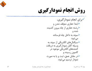 ‫ﻧﻤﻮدارﮔﻴﺮي‬ ‫اﻧﺠﺎم‬ ‫روش‬
،‫ﻧﻤﻮدارﮔﻴﺮي‬ ‫اﻧﺠﺎم‬ ‫ﺑﺮاي‬
‫و‬ ‫ﺷﺪن‬ ‫ﻣﺘﻮﻗﻒ‬ ‫ﺣﻔﺎري‬ ‫اﺑﺘﺪا‬
‫ﻛﺸﻴﺪ‬ ‫ﺑﻴﺮون‬ ‫ﭼﺎه‬ ‫از‬ ‫ﺣﻔﺎري‬ ‫رﺷﺘﻪ‬‫ه‬
‫و‬ ‫ﺷﺪه‬
‫ﻓﺮﺳﺘﺎده‬ ‫ﭼﺎه‬ ‫داﺧﻞ‬ ‫ﺑﻪ‬ ‫ﺳﻮﻧﺪ‬
‫ﻣﻲ‬‫ﺷﻮد‬.
‫ﺳﻴﮕﻨﺎل‬‫ﺳﻮﻧ‬ ‫از‬ ‫اﻟﻜﺘﺮﻳﻜﻲ‬ ‫ﻫﺎي‬‫ﺑﻪ‬ ‫ﺪ‬
‫درﻳ‬ ‫ﺑﻪ‬ ‫ﻧﻤﻮدارﮔﻴﺮي‬ ‫ﻛﺎﺑﻞ‬ ‫وﺳﻴﻠﻪ‬‫ﺎﻓﺖ‬
‫ﻛﻨﻨﺪه‬‫در‬ ‫ﻣﻮﺟﻮد‬ ‫اﻟﻜﺘﺮﻳﻜﻲ‬ ‫ﻫﺎي‬
‫و‬ ‫رﺳﻴﺪه‬ ‫ﻛﺎﻣﻴﻮن‬
‫ﺻﻮر‬ ‫ﺑﻪ‬ ‫ﻳﺎ‬ ‫و‬ ‫ﺛﺒﺖ‬ ،‫ﻋﻤﻖ‬ ‫ﻣﻘﺎﺑﻞ‬ ‫در‬‫ت‬
‫ﻣﻲ‬ ‫ﺗﺮﺳﻴﻢ‬ ‫ﻧﻤﻮدار‬‫ﺷﻮد‬.
‫ﺑﻬﺎر‬94-‫ح‬.‫اﻋﻠﻤﻲ‬‫ﻧﻴﺎ‬‫ﭼﺎه‬ ‫از‬ ‫ﻧﻤﻮدارﮔﻴﺮي‬)‫ﭼﻬﺎرم‬ ‫وﻳﺮاﻳﺶ‬(53
 