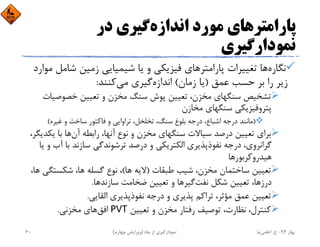 ‫اﻧﺪازه‬ ‫ﻣﻮرد‬ ‫ﭘﺎراﻣﺘﺮﻫﺎي‬‫در‬ ‫ﮔﻴﺮي‬
‫ﻧﻤﻮدارﮔﻴﺮي‬
‫ﻧﮕﺎره‬‫ﺷﺎﻣ‬ ‫زﻣﻴﻦ‬ ‫ﺷﻴﻤﻴﺎﻳﻲ‬ ‫ﻳﺎ‬ ‫و‬ ‫ﻓﻴﺰﻳﻜﻲ‬ ‫ﭘﺎراﻣﺘﺮﻫﺎي‬ ‫ﺗﻐﻴﻴﺮات‬ ‫ﻫﺎ‬‫ﻣﻮارد‬ ‫ﻞ‬
‫ﻋﻤﻖ‬ ‫ﺣﺴﺐ‬ ‫ﺑﺮ‬ ‫را‬ ‫زﻳﺮ‬)‫زﻣﺎن‬ ‫ﻳﺎ‬(‫اﻧﺪازه‬‫ﻣﻲ‬ ‫ﮔﻴﺮي‬‫ﻛﻨﻨﺪ‬:
‫ﺧﺼﻮﺻﻴ‬ ‫ﺗﻌﻴﻴﻦ‬ ‫و‬ ‫ﻣﺨﺰن‬ ‫ﺳﻨﮓ‬ ‫ﭘﻮش‬ ‫ﺗﻌﻴﻴﻦ‬ ،‫ﻣﺨﺰن‬ ‫ﺳﻨﮕﻬﺎي‬ ‫ﺗﺸﺨﻴﺺ‬‫ﺎت‬
‫ﻣﺨﺎزن‬ ‫ﺳﻨﮕﻬﺎي‬ ‫ﭘﺘﺮوﻓﻴﺰﻳﻜﻲ‬
)‫ﻏﻴﺮه‬ ‫و‬ ‫ﺳﺎﺧﺖ‬ ‫ﻓﺎﻛﺘﻮر‬ ‫و‬ ‫ﺗﺮاواﻳﻲ‬ ،‫ﺗﺨﻠﺨﻞ‬ ،‫ﺳﻨﮓ‬ ‫ﺑﻠﻮغ‬ ‫درﺟﻪ‬ ،‫اﺷﺒﺎع‬ ‫درﺟﻪ‬ ‫ﻣﺎﻧﻨﺪ‬(
‫آن‬ ‫راﺑﻄﻪ‬ ،‫آﻧﻬﺎ‬ ‫ﻧﻮع‬ ‫و‬ ‫ﻣﺨﺰن‬ ‫ﺳﻨﮕﻬﺎي‬ ‫ﺳﻴﺎﻻت‬ ‫درﺻﺪ‬ ‫ﺗﻌﻴﻴﻦ‬ ‫ﺑﺮاي‬‫ﻳﻜ‬ ‫ﺑﺎ‬ ‫ﻫﺎ‬،‫ﺪﻳﮕﺮ‬
‫آ‬ ‫ﺑﺎ‬ ‫ﺳﺎزﻧﺪ‬ ‫ﺗﺮﺷﻮﻧﺪﮔﻲ‬ ‫درﺻﺪ‬ ‫و‬ ‫اﻟﻜﺘﺮﻳﻜﻲ‬ ‫ﻧﻔﻮذﭘﺬﻳﺮي‬ ‫درﺟﻪ‬ ،‫ﮔﺮاﻧﺮوي‬‫ﻳﺎ‬ ‫و‬ ‫ب‬
‫ﻫﻴﺪروﻛﺮﺑﻮر‬‫ﻫﺎ‬
‫ﻃﺒﻘﺎت‬ ‫ﺷﻴﺐ‬ ،‫ﻣﺨﺰن‬ ‫ﺳﺎﺧﺘﻤﺎن‬ ‫ﺗﻌﻴﻴﻦ‬)‫ﻫﺎ‬ ‫ﻻﻳﻪ‬(‫ﺷﻜﺴﺘﮕ‬ ،‫ﻫﺎ‬ ‫ﮔﺴﻠﻪ‬ ‫ﻧﻮع‬ ،،‫ﻫﺎ‬ ‫ﻲ‬
‫ﻧﻔﺖ‬ ‫ﺷﻜﻞ‬ ‫ﺗﻌﻴﻴﻦ‬ ،‫درزﻫﺎ‬‫ﮔﻴﺮ‬‫ﺳﺎزﻧﺪ‬ ‫ﺿﺨﺎﻣﺖ‬ ‫ﺗﻌﻴﻴﻦ‬ ‫و‬ ‫ﻫﺎ‬‫ﻫﺎ‬.
‫اﻟﻘﺎﻳﻲ‬ ‫ﻧﻔﻮذﭘﺬﻳﺮي‬ ‫درﺟﻪ‬ ‫و‬ ‫ﭘﺬﻳﺮي‬ ‫ﺗﺮاﻛﻢ‬ ،‫ﻣﺆﺛﺮ‬ ‫ﻋﻤﻖ‬ ‫ﺗﻌﻴﻴﻦ‬.
‫ﺗﻌﻴﻴﻦ‬ ‫و‬ ‫ﻣﺨﺰن‬ ‫رﻓﺘﺎر‬ ‫ﺗﻮﺻﻴﻒ‬ ،‫ﻧﻈﺎرت‬ ،‫ﻛﻨﺘﺮل‬PVT‫اﻓﻖ‬‫ﻣﺨﺰﻧﻲ‬ ‫ﻫﺎي‬.
‫ﺑﻬﺎر‬94-‫ح‬.‫اﻋﻠﻤﻲ‬‫ﻧﻴﺎ‬‫ﭼﺎه‬ ‫از‬ ‫ﻧﻤﻮدارﮔﻴﺮي‬)‫ﭼﻬﺎرم‬ ‫وﻳﺮاﻳﺶ‬(60
 