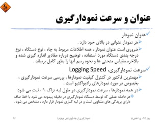 ‫ﻧﻤﻮدارﮔﻴﺮي‬ ‫ﺳﺮﻋﺖ‬ ‫و‬ ‫ﻋﻨﻮان‬
‫ﻧﻤﻮدار‬ ‫ﻋﻨﻮان‬
‫دارد‬ ‫ﺧﻮد‬ ‫ﺑﺎﻻي‬ ‫در‬ ‫ﻋﻨﻮاﻧﻲ‬ ‫ﻧﻤﻮدار‬ ‫ﻫﺮ‬.
‫ﻧﻮع‬ ، ‫دﺳﺘﮕﺎه‬ ‫ﻧﻮع‬ ، ‫ﭼﺎه‬ ‫ﺑﻪ‬ ‫ﻣﺮﺑﻮط‬ ‫اﻃﻼﻋﺎت‬ ‫ﻫﻤﻪ‬ ، ‫ﻧﻤﻮدار‬ ‫ﻋﻨﻮان‬ ‫اﺳﺖ‬ ‫ﺿﺮوري‬
‫ﺷ‬ ‫ﮔﻴﺮي‬ ‫اﻧﺪازه‬ ‫ﻣﻘﺎدﻳﺮ‬ ‫درﺑﺎره‬ ‫ﺗﻮﺿﻴﺢ‬ ، ‫اﺳﺘﻔﺎده‬ ‫ﻣﻮرد‬ ‫دﺳﺘﮕﺎه‬ ‫ﺑﻨﺪي‬ ‫درﺟﻪ‬‫و‬ ‫ﺪه‬
‫ﺑﺮﺳﺎﻧﺪ‬ ‫ﻛﺎﻣﻞ‬ ‫ﺑﻄﻮر‬ ‫را‬ ‫آﻧﻬﺎ‬ ‫رﺳﻢ‬ ‫ﻧﺤﻮه‬ ‫و‬ ‫ﻫﺎ‬ ‫ﻣﻨﺤﻨﻲ‬ ‫ﻣﻘﻴﺎس‬ ‫ﺑﺎﻻﺧﺮه‬.
،‫ﻧﻤﻮدارﮔﻴﺮي‬ ‫ﺳﺮﻋﺖ‬Logging Speed
‫ﻧﻤﻮدارﮔﻴ‬ ‫ﺳﺮﻋﺖ‬ ‫ﺑﺮرﺳﻲ‬ ، ‫ﻧﻤﻮدارﻫﺎ‬ ‫ﻛﻴﻔﻴﺖ‬ ‫ﻛﻨﺘﺮل‬ ‫در‬ ‫ﻓﺎﻛﺘﻮر‬ ‫ﻣﻬﻤﺘﺮﻳﻦ‬، ‫ﺮي‬
‫اﺳﺖ‬ ‫رادﻳﻮاﻛﺘﻴﻮ‬ ‫ﻧﻤﻮدارﻫﺎي‬ ‫ﻣﻮرد‬ ‫در‬ ‫ﺑﺨﺼﻮص‬.
‫ﺗﺮاك‬ ‫ﻟﺒﻪ‬ ‫ﻃﻮل‬ ‫در‬ ‫ﻧﻤﻮدارﮔﻴﺮي‬ ‫ﺳﺮﻋﺖ‬ ، ‫ﻧﻤﻮدارﻫﺎ‬ ‫ﻫﻤﻪ‬ ‫در‬1‫ﺷﻮد‬ ‫ﻣﻲ‬ ‫ﺛﺒﺖ‬ ،.
‫ﺧﻂ‬ ‫ﺑﺎ‬ ‫ﺷﻮد‬ ‫ﻣﻲ‬ ‫ﭘﻴﻤﻮده‬ ‫دﻗﻴﻘﻪ‬ ‫در‬ ‫ﻧﻤﻮدارﮔﻴﺮي‬ ‫دﺳﺘﮕﺎه‬ ‫ﺗﻮﺳﻂ‬ ‫ﻛﻪ‬ ‫ﻋﻤﻘﻲ‬ ‫ﻓﺎﺻﻠﻪ‬ ‫ﻫﺮ‬‫ﺻﺎف‬
‫ﺷﻮ‬ ‫ﻣﻲ‬ ‫ﻣﺸﺨﺺ‬ ، ‫دارد‬ ‫ﻗﺮار‬ ‫ﻧﻤﻮدار‬ ‫ﻛﻨﺎري‬ ‫ﻟﺒﻪ‬ ‫در‬ ‫و‬ ‫اﺳﺖ‬ ‫ﻣﺘﻨﺎوﺑﻲ‬ ‫ﻫﺎي‬ ‫ﺑﺮﻳﺪﮔﻲ‬ ‫داراي‬‫د‬.
‫ﺑﻬﺎر‬94-‫ح‬.‫اﻋﻠﻤﻲ‬‫ﻧﻴﺎ‬‫ﭼﺎه‬ ‫از‬ ‫ﻧﻤﻮدارﮔﻴﺮي‬)‫ﭼﻬﺎرم‬ ‫وﻳﺮاﻳﺶ‬(66
 