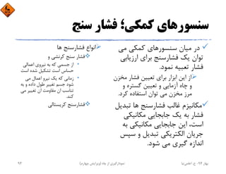 ‫ﺳﻨﺞ‬ ‫ﻓﺸﺎر‬ ‫ﻛﻤﻜﻲ؛‬ ‫ﺳﻨﺴﻮرﻫﺎي‬
‫ﻣﻲ‬ ‫ﻛﻤﻜﻲ‬ ‫ﺳﻨﺴﻮرﻫﺎي‬ ‫ﻣﻴﺎن‬ ‫در‬
‫ارزﻳﺎﺑ‬ ‫ﺑﺮاي‬ ‫ﻓﺸﺎرﺳﻨﺞ‬ ‫ﻳﻚ‬ ‫ﺗﻮان‬‫ﻲ‬
‫ﻧﻤﻮد‬ ‫ﺗﻌﺒﻴﻪ‬ ‫ﻓﺸﺎر‬.
‫ﻣ‬ ‫ﻓﺸﺎر‬ ‫ﺗﻌﻴﻴﻦ‬ ‫ﺑﺮاي‬ ‫اﺑﺰار‬ ‫اﻳﻦ‬ ‫از‬‫ﺨﺰن‬
‫و‬ ‫ﮔﺴﺘﺮه‬ ‫ﺗﻌﻴﻴﻦ‬ ‫و‬ ‫آزﻣﺎﻳﻲ‬ ‫ﭼﺎه‬ ‫و‬
‫ﻛﺮد‬ ‫اﺳﺘﻔﺎده‬ ‫ﺗﻮان‬ ‫ﻣﻲ‬ ‫ﻣﺨﺰن‬ ‫ﻣﺮز‬.
‫ﺗﺒ‬ ‫ﻫﺎ‬ ‫ﻓﺸﺎرﺳﻨﺞ‬ ‫ﻏﺎﻟﺐ‬ ‫ﻣﻜﺎﻧﻴﺰم‬‫ﺪﻳﻞ‬
‫ﻣﻜﺎﻧﻴﻜ‬ ‫ﺟﺎﺑﺠﺎﻳﻲ‬ ‫ﻳﻚ‬ ‫ﺑﻪ‬ ‫ﻓﺸﺎر‬‫ﻲ‬
‫ﺑ‬ ‫ﻣﻜﺎﻧﻴﻜﻲ‬ ‫ﺟﺎﺑﺠﺎﻳﻲ‬ ‫اﻳﻦ‬ ،‫اﺳﺖ‬‫ﻪ‬
‫ﺳ‬ ‫و‬ ‫ﺗﺒﺪﻳﻞ‬ ‫اﻟﻜﺘﺮﻳﻜﻲ‬ ‫ﺟﺮﻳﺎن‬‫ﭙﺲ‬
‫ﺷﻮد‬ ‫ﻣﻲ‬ ‫ﮔﻴﺮي‬ ‫اﻧﺪازه‬.
‫ﻫﺎ‬ ‫ﻓﺸﺎرﺳﻨﺞ‬ ‫اﻧﻮاع‬
‫و‬ ‫ﻛﺮﻧﺸﻲ‬ ‫ﺳﻨﺞ‬ ‫ﻓﺸﺎر‬
•‫اﻋﻤﺎﻟﻲ‬ ‫ﻧﻴﺮوي‬ ‫ﺑﻪ‬ ‫ﻛﻪ‬ ‫ﺟﺴﻤﻲ‬ ‫از‬
‫اﺳﺖ‬ ‫ﺷﺪه‬ ‫ﺗﺸﻜﻴﻞ‬ ‫اﺳﺖ‬ ‫ﺣﺴﺎس‬
•‫ﻣﻲ‬ ‫اﻋﻤﺎل‬ ‫ﻧﻴﺮو‬ ‫ﻳﻚ‬ ‫ﻛﻪ‬ ‫زﻣﺎﻧﻲ‬
‫ﺑﻪ‬ ‫و‬ ‫داده‬ ‫ﻃﻮل‬ ‫ﺗﻐﻴﻴﺮ‬ ‫ﺟﺴﻢ‬ ‫ﺷﻮد‬
‫ﻣﻲ‬ ‫ﺗﻐﻴﻴﺮ‬ ‫ان‬ ‫ﻣﻘﺎوﻣﺖ‬ ‫ان‬ ‫ﺗﻨﺎﺳﺐ‬
‫ﻛﻨﺪ‬.
‫ﻛﺮﻳﺴﺘﺎﻟﻲ‬ ‫ﻓﺸﺎرﺳﻨﺞ‬
‫ﺑﻬﺎر‬94-‫ح‬.‫اﻋﻠﻤﻲ‬‫ﻧﻴﺎ‬‫ﭼﺎه‬ ‫از‬ ‫ﻧﻤﻮدارﮔﻴﺮي‬)‫ﭼﻬﺎرم‬ ‫وﻳﺮاﻳﺶ‬(93
 