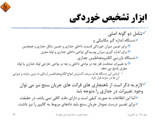 ‫ﺧﻮردﮔﻲ‬ ‫ﺗﺸﺨﻴﺺ‬ ‫اﺑﺰار‬
‫اﺻﻠﻲ‬ ‫ﮔﻮﻧﻪ‬ ‫دو‬ ‫ﺷﺎﻣﻞ‬
‫و‬ ‫ﻣﻜﺎﻧﻴﻜﻲ‬ ‫ﮔﻴﺮ‬ ‫اﻧﺪازه‬ ‫دﺳﺘﮕﺎه‬
‫ﻫﻤﭽﻨﻴﻦ‬ ‫و‬ ‫ﺟﺪاري‬ ‫ﺷﻜﻞ‬ ‫ﺗﻌﻴﻴﻦ‬ ‫و‬ ‫ﺟﺪاري‬ ‫داﺧﻠﻲ‬ ‫ﻗﺴﻤﺖ‬ ‫ﺧﻮردﮔﻲ‬ ‫ﻣﻴﺰان‬ ‫ﺗﻌﻴﻴﻦ‬ ‫ﺑﺮاي‬
‫ﻣﻐﺰي‬ ‫ﻟﻮﻟﻪ‬ ‫و‬ ‫ﺟﺪاري‬ ‫داﺧﻠﻲ‬ ‫ﻧﻮاﺣﻲ‬ ‫ﭘﻮﺳﻴﺪﮔﻲ‬ ‫ﻣﻴﺰان‬ ‫ﮔﻴﺮي‬ ‫اﻧﺪازه‬ ‫ﺑﺮاي‬
‫ﺟﺪاري‬ ‫اﻟﻜﺘﺮوﻣﻐﻨﺎﻃﻴﺲ‬ ‫ﺑﺎزرﺳﻲ‬ ‫دﺳﺘﮕﺎه‬
‫ﻟﻮﻟﻪ‬ ‫ﻳﺎ‬ ‫ﺟﺪاري‬ ‫ﻟﻮﻟﻪ‬ ‫ﺧﺎرﺟﻲ‬ ‫ﻧﻮاﺣﻲ‬ ‫در‬ ‫ﭼﻪ‬ ‫و‬ ‫داﺧﻠﻲ‬ ‫ﻧﻮاﺣﻲ‬ ‫در‬ ‫ﭼﻪ‬ ‫ﻓﻠﺰ‬ ‫ﺿﺨﺎﻣﺖ‬ ‫ﺗﻐﻴﻴﺮات‬ ‫ﺑﻪ‬
‫دﻫﺪ‬ ‫ﻣﻲ‬ ‫ﭘﺎﺳﺦ‬ ‫ﻣﻐﺰي‬.
•‫ﻣ‬ ‫و‬ ‫ﺳﺎزﻧﺪ‬ ‫درون‬ ‫ﺑﻪ‬ ‫ارﺳﺎﻟﻲ‬ ‫اﻟﻜﺘﺮوﻣﻐﻨﺎﻃﻴﺲ‬ ‫اﻣﻮاج‬ ‫ﮔﺴﺘﺮش‬ ‫ﺳﺮﻋﺖ‬ ‫ﺑﻪ‬ ‫ﻫﺎ‬ ‫دﺳﺘﮕﺎه‬ ‫اﻳﻦ‬ ‫اﺳﺎس‬‫ﻴﺮاﻳﻲ‬
‫دارد‬ ‫ﻗﺮار‬ ‫ﺳﺎزﻧﺪ‬ ‫در‬ ‫ﻫﺎ‬ ‫آن‬.
‫ﺗﻮان‬ ‫ﻣﻲ‬ ‫ﻧﻴﺰ‬ ‫ﺳﻨﺞ‬ ‫ﺟﺮﻳﺎن‬ ‫ﻫﺎي‬ ‫ﻗﺮاﺋﺖ‬ ‫ﻫﺎي‬ ‫ﻧﺎﻫﻨﺠﺎري‬ ‫از‬ ‫اﺳﺖ‬ ‫ذﻛﺮ‬ ‫ﺑﻪ‬ ‫ﻻزم‬
‫ﺷﺪ‬ ‫ﻣﺘﻮﺟﻪ‬ ‫را‬ ‫ﺟﺪاري‬ ‫در‬ ‫ﺗﻐﻴﻴﺮات‬ ‫وﺟﻮد‬
‫ﺣﻘﻴﻘﺖ‬ ‫در‬ ،‫ﺑﺎﺷﺪ‬ ‫ﻧﻤﻲ‬ ‫ﻛﺎﻓﻲ‬ ‫دﻗﺖ‬ ‫داراي‬ ‫و‬ ‫اﺳﺖ‬ ‫ﻛﻴﻔﻲ‬ ‫ﺻﻮرت‬ ‫ﺑﻪ‬ ‫اﻃﻼﻋﺎت‬ ‫اﻳﻦ‬ ‫اﻣﺎ‬
‫د‬ ‫ﻧﻴﺰ‬ ‫را‬ ‫ﻛﺎﻟﻴﭙﺮ‬ ‫ﺑﻪ‬ ‫ﻣﺮﺑﻮط‬ ‫دادﻫﺎي‬ ‫ﺑﺎﻳﺪ‬ ‫ﺳﻨﺞ‬ ‫ﺟﺮﻳﺎن‬ ‫ﻧﻤﻮدار‬ ‫درﺳﺖ‬ ‫ﺗﻔﺴﻴﺮ‬ ‫ﺑﺮاي‬‫اﺷﺖ‬.
‫ﺑﻬﺎر‬94-‫ح‬.‫اﻋﻠﻤﻲ‬‫ﻧﻴﺎ‬‫ﭼﺎه‬ ‫از‬ ‫ﻧﻤﻮدارﮔﻴﺮي‬)‫ﭼﻬﺎرم‬ ‫وﻳﺮاﻳﺶ‬(99
 