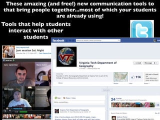 These amazing (and free!) new communication tools to
that bring people together...most of which your students
are already using!
Tools that help students
interact with other
students
 