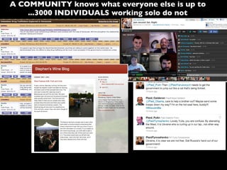 A COMMUNITY knows what everyone else is up to
...3000 INDIVIDUALS working solo do not
 