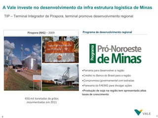 A Vale investe no desenvolvimento da infra estrutura logística de Minas
    TIP – Terminal Integrador de Pirapora, terminal promove desenvolvimento regional



                  Pirapora (MG) – 2009              Programa de desenvolvimento regional




                                                    •Parceria para desenvolver a região

                                                    •Crédito no Banco do Brasil para a região

                                                    •Compromisso governamental com estradas

                                                    •Pareceria da FAEMG para divulgar ações

                                                    •Produção de soja na região tem apresentado altas
                                                    taxas de crescimento
                650 mil toneladas de grãos
                 movimentadas em 2011



9                                                                                                       9
 