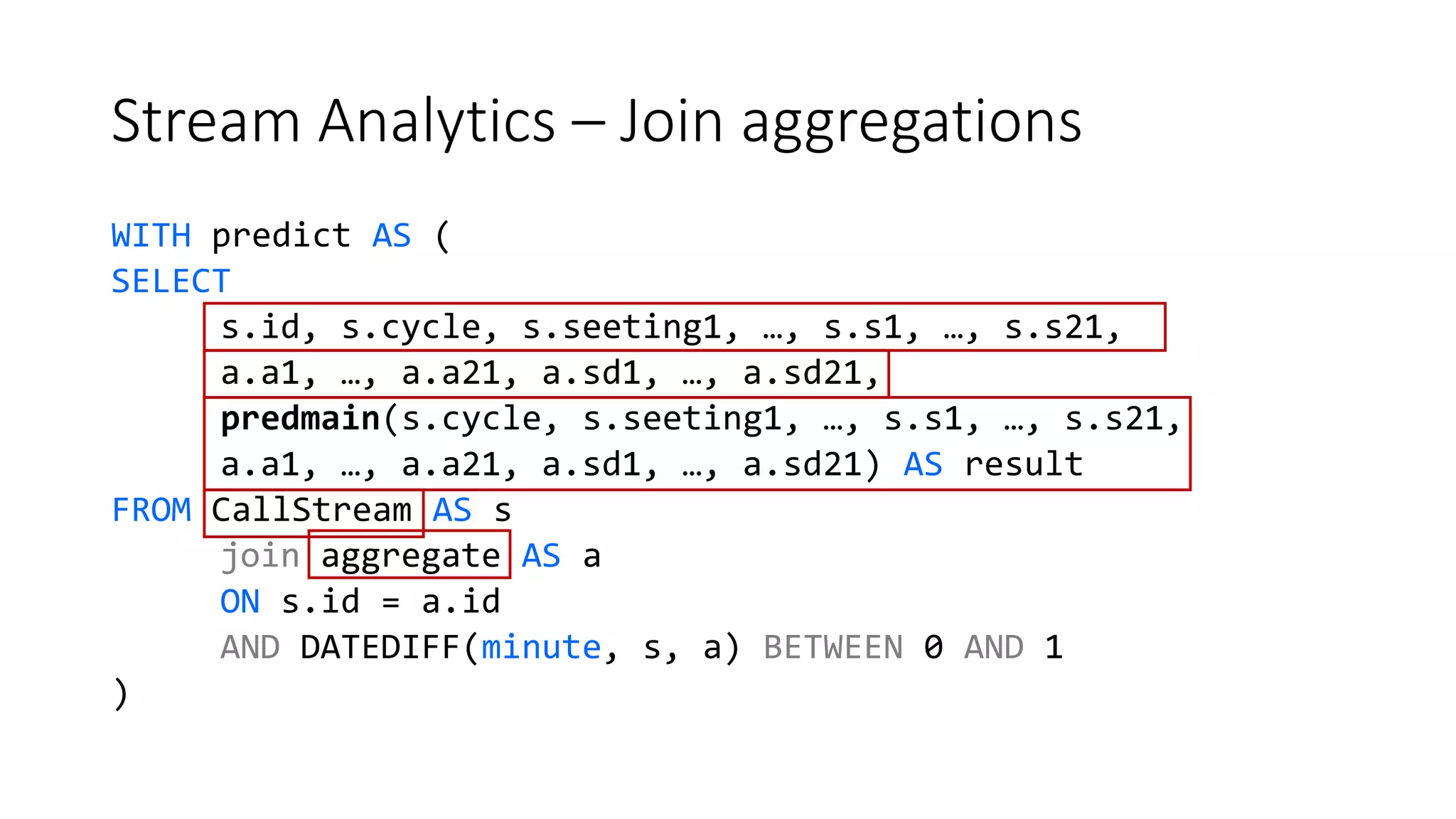 Stream Analytics – Join aggregations
WITH predict AS (
SELECT
s.id, s.cycle, s.seeting1, …, s.s1, …, s.s21,
a.a1, …, a.a21, a.sd1, …, a.sd21,
predmain(s.cycle, s.seeting1, …, s.s1, …, s.s21,
a.a1, …, a.a21, a.sd1, …, a.sd21) AS result
FROM CallStream AS s
join aggregate AS a
ON s.id = a.id
AND DATEDIFF(minute, s, a) BETWEEN 0 AND 1
)
 