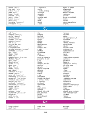 118
borrow /’bOrR/ a ]mprumuta брать на время
(be) born /’bA:n/ n=scut ðîæäåííûé
bother /’bOCB/ a plictisi, a nec=ji íàäîåäàòü
bowl /bBMl/ strachina миска, тарелка
break /brePk/ recreaie ïåðåìåíà
breathe /bri:C/ a respira äûøàòü
bright /braPt/ luminos, iste яркий, способный
broom /bru:m/ m=tur= ìåòëà
brush /brDE/ perie ùåòêà
bungalow /’bDHgBlBM/ c=su= îäíîýòàæíûé äîì
burn down /bF:n/ a arde ñгоретü
calf /’ka:f/ viel òåëåíîê
camping /’kImpiH/ camping êэìïèíã
candle /’kIndl/ lum]nare ñâå÷à
canned /kInd/ conservat консервированный
canteen /kIn’ti:n/ cantin= ñòîëîâàÿ
captain /’kIptin/ c=pitan капитан
cart /kL:t/ c=ru= òåëåãà, ïîâîçêà
cartoon /ka:’tu:n/ desen animat ìóëüòôèëüì
castle /ka:sl/ castel çμìîê
CD compact disk compact disc компакт-диск
(to take) a catnap /’kItnIp/ a aipi вздремнуть
certificate /sB’tPfPkBt/ certificat удостоверение
chat /tEIt/ conversaie разговор
cheek /tEi:k/ obraz ùåêà
chew /tEu:/ a mesteca æåâàòü
chewing gum /’tEu:iH gDm/ gum= de mestecat æåâàòåëüíàÿ ðåçèíêà
chicken /’tEPkPn/ pui, carne de pui öûïëеíîê
chop /tEOp/ a t=ia íàðåçàòü
Christ /krLPst/ Cristos Õðèñòîñ
citizen /’sPtPzn/ cet=ean, locuitor ãðàæäàíèí, æèòåëü
clear /klPB/ luminos погожий день
close /klBMs/ apropiat близкий
closet /’klOzPt/ c=mar=, magazie ÷óëàí
coal /’kRl/ c=rbune уголь
collection /kB’lekEn/ colecie êîëëåêöèÿ
college /’kOlPdG/ colegiu êîëëåдж
come out /,kDm ’aut/ a ie[i выходить
community /kB’mju:nBtP/ comunitate община
companion /kBm’pInPBn/ tovar=[ (de drum) òîâàðèù, ñïóòíèê
constitute /’kOnstPtju:t/ a forma, a alc=tui ñîñòàâëÿòü
contain /kBn’tePn/ a cuprinde ñîäåðæàòü
continent /’kOntPnBnt/ continent êîíòèíåíò
convenient /kBn’vi:niBnt/ convenabil óäîáíûé, ïîäõîäÿùèé
cooker /’kMkB/ plit= ïëèòà, ïå÷ü
copper /’kOpB/ cupru, aram= ìåäü
corn /kA:n/ porumb êóêóðóçà
cottage /’kOtPdG/ c=su=, vil= mic= äîìèê, äà÷à, êîòòåäæ
countryside /’kDntrisaPd/ ar=, provincie ñåëüñêàÿ ìåñòíîñòü
crop/krOp/ recolt= óðîæàé
curds /kF:dz/ br]nz= de vaci òâîðîã
curtain /kF:tn/ perdea занавеска
Cc
Dd
damp /dImp/ umed, jilav âëàæíûé
deaf /def/ surd ãëóõîé
 