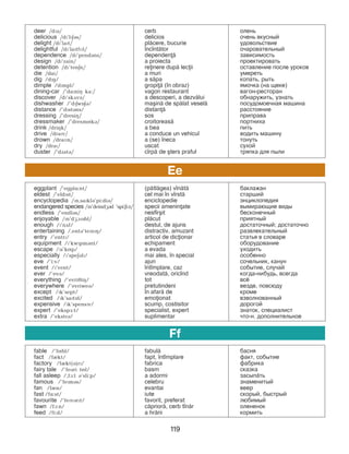 119
deer /dPB/ cerb îëåíü
delicious /dP’lPEBs/ delicios î÷åíü âêóñíûé
delight /dP’laPt/ pl=cere, bucurie óäîâîëüñòâèå
delightful /dP’laPtfMl/ ]nc]nt=tor î÷àðîâàòåëüíûé
dependence /dP’pendBns/ dependen= çàâèñèìîñòü
design /dP’zain/ a proiecta ïðîåêòèðîâàòü
detention /dP’tenEn/ reinere dup= lecii îñòàâëåíèå ïîñëå óðîêîâ
die /dai/ a muri óìåðåòü
dig /dPg/ a s=pa копать, рыть
dimple /dPmpl/ gropi= (]n obraz) ÿìî÷êà (íà ùåêå)
dining-car /’daPniH ka:/ vagon restaurant âàãîí-ðåñòîðàí
discover /dP’skDvB/ a descoperi, a dezv=lui îáíàðóæèòü, óçíàòü
dishwasher /’dPEwOEB/ ma[in= de sp=lat vesel= ïîñóäîìîå÷íàÿ ìàøèíà
distance /’dPstBns/ distan= ðàñсòîÿíèå
dressing /’dresiH/ sos ïðèïðàâà
dressmaker /’dresmNkB/ croitoreas= ïортниха
drink /driHk/ a bea ïèòü
drive /draPv/ a conduce un vehicul âодить ìàøèíó
drown /draMn/ a (se) ]neca òîíóòü
dry /draP/ uscat ñóõîé
duster /’dDstB/ c]rp= de [ters praful òðÿïêà для пыли
Ee
eggplant /’egplL:nt/ (p=tl=gea) v]n=t= áàêëàæàí
eldest /’eldPst/ cel mai ]n v]rst= ñòàðøèé
encyclopedia /Pn,saPklB’pi:diB/ enciclopedie ýíöèêëîïåäèÿ
endangered species /Pn’deindGBd ’spi:Ei:z/ specii ameninate вымирающие виды
endless /’endlBs/ nesf]r[it áåñêîíå÷íûé
enjoyable /Pn’dGAPBbl/ pl=cut ïðèÿòíûé
enough /P’nDf/ destul, de ajuns äîñòàòî÷íûé; достаточно
entertaining /,entB’tePnPH/ distractiv, amuzant ðàçâëåêàòåëüíûé
entry /’entrP/ articol de dicionar ñòàòüÿ â ñëîâàðå
equipment /P’kwPpmBnt/ echipament îáîðóäîâàíèå
escape /Ps’kNp/ a evada уходить
especially /P’speEBlP/ mai ales, ]n special îñîáåííî
eve /’i:v/ ajun сочельник, канун
event /P’vent/ ]nt]mplare, caz ñîáûòèå, ñëó÷àé
ever /’evB/ vreodat=, oric]nd êîãäà-íèáóäü, âñåãäà
everything /’evriJiH/ tot âñ¸
everywhere /’evriweB/ pretutindeni âåçäå, ïîâñþäó
except /Pk’sept/ ]n afar= de кроме
excited /Pk’saPtPd/ emoionat âçâîëíîâàíный
expensive /Pk’spensPv/ scump, costisitor äîðîãîé
expert /’ekspF:t/ specialist, expert çíàòîê, ñïåöèàëèñò
extra /’ekstrB/ suplimentar ÷òî-í. äîïîëíèòåëüíîå
Ff
fable /’fNbl/ fabul= басня
fact /fIkt/ fapt, ]nt]mplare ôàêò, ñîáûòèå
factory /fIkt(B)rP/ fabrica ôàбрика
fairy tale /’feBri tNl/ basm сказка
fall asleep /,fA:l B’sli:p/ a adormi засыпμть
famous /’fePmBs/ celebru знаменитый
fan /fIn/ evantai веер
fast /fL:st/ iute ñêîðûé, áûñòðûé
favourite /’fePvBrPt/ favorit, preferat ëþáèìûé
fawn /fA:n/ c=prior=, cerb t]n=r îëåíенок
feed /fi:d/ a hr=ni êîðìèòü
 