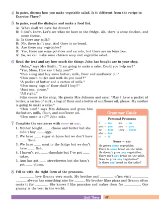 47Unit ThreeUnit Three
Complete the sentences with some or any.
1. Mother bought cheese and butter but she
didn’t buy eggs.
2. We have sugar at home but we don’t have
flour.
3. We have meat in the fridge but we don’t
have fish.
4. I haven’t got chocolate but I’ve got
cakes.
5. Ann has got strawberries but she hasn’t
got plums.
In pairs, read the dialogue and make a food list.
A: What shall we have for dinner?
B: I don’t know. Let’s see what we have in the fridge. Ah, there is some chicken, and
some cheese.
A: Is there any milk?
B: No, there isn’t any. And there is no bread.
A: Are there any vegetables?
B: Yes, there are some potatoes and carrots, but there are no tomatoes.
A: So, we can make some chicken soup and vegetable salad.
In pairs, discuss how you make vegetable salad. Is it different from the recipe in
Exercise Three?
Fill in with the right form of the pronouns.
love Granny very much. My brother and often visit .
always has something nice for . My brother likes pizza and Granny often
cooks it for . She knows I like pancakes and makes them for . Our
granny is the best in the world.
Read the text and say how much the things John has bought are in your shop.
“John,
„
says Mrs Smith, “I am going to make a cake. Could you help me?
„
“Yes, Mum. How can I help you?
„
“Run along and buy some butter, milk, flour and sunflower oil.
„
“How much butter and milk do you need?
„
“A packet of butter and a carton of milk.
„
“How many bags of flour shall I buy?
„
“Just one, please.
„
“All right.
„
John comes to the shop. He greets Mrs Johnson and says: “May I have a packet of
butter, a carton of milk, a bag of flour and a bottle of sunflower oil, please. My mother
is going to make a cake.
„
“How nice!
„
says Mrs Johnson and gives him
the butter, milk, flour, and sunflower oil.
“How much is it?
„
John asks.
Personal Pronouns
I – me we – us
you – you you – you
he – him they – them
she – her
it – it
Some – any
He grows some vegetables.
There is some bread on the table.
He doesn’t grow any vegetables.
There isn’t any bread on the table.
Does he grow any vegetables?
Is there any bread on the table?
Grammar GuideGrammar Guide
7
5
4
6
8
 