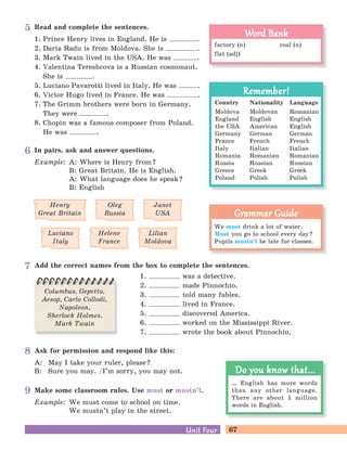 67Unit FourUnit Four
Read and complete the sentences.
1. Prince Henry lives in England. He is .
2. Daria Radu is from Moldova. She is .
3. Mark Twain lived in the USA. He was .
4. Valentina Tereshcova is a Russian cosmonaut.
She is .
5. Luciano Pavarotti lived in Italy. He was .
6. Victor Hugo lived in France. He was .
7. The Grimm brothers were born in Germany.
They were .
8. Chopin was a famous composer from Poland.
He was .
Ask for permission and respond like this:
A: May I take your ruler, please?
B: Sure you may. /I’m sorry, you may not.
Make some classroom rules. Use must or mustn’t.
Example: We must come to school on time.
We mustn’t play in the street.
In pairs, ask and answer questions.
Example: A: Where is Henry from?
B: Great Britain. He is English.
A: What language does he speak?
B: English
Henry
Great Britain
Oleg
Russia
Luciano
Italy
Helene
France
Lilian
Moldova
Janet
USA
factory (n) coal (n)
flat (adj)
Word BankWord Bank
Country
Moldova
England
the USA
Germany
France
Italy
Romania
Russia
Greece
Poland
Nationality
Moldovan
English
American
German
French
Italian
Romanian
Russian
Greek
Polish
Language
Romanian
English
English
German
French
Italian
Romanian
Russian
Greek
Polish
Remember!Remember!
We must drink a lot of water.
Must you go to school every day?
Pupils mustn’t be late for classes.
Grammar GuideGrammar Guide
… English has more words
than any other language.
There are about 1 million
words in English.
Do you know that...Do you know that...
Add the correct names from the box to complete the sentences.
1. was a detective.
2. made Pinnochio.
3. told many fables.
4. lived in France.
5. discovered America.
6. worked on the Mississippi River.
7. wrote the book about Pinnochio.
Columbus, Gepetto,
Aesop, Carlo Collodi,
Napoleon,
Sherlock Holmes,
Mark Twain
5
6
7
8
9
 