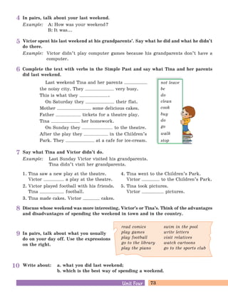 73Unit FourUnit Four
In pairs, talk about your last weekend.
Example: A: How was your weekend?
B: It was...
Write about: a. what you did last weekend;
b. which is the best way of spending a weekend.
Victor spent his last weekend at his grandparents’. Say what he did and what he didn’t
do there.
Example: Victor didn’t play computer games because his grandparents don’t have a
computer.
Discuss whose weekend was more interesting, Victor’s or Tina’s. Think of the advantages
and disadvantages of spending the weekend in town and in the country.
In pairs, talk about what you usually
do on your day off. Use the expressions
on the right.
read comics
play games
play football
go to the library
play the piano
swim in the pool
write letters
visit relatives
watch cartoons
go to the sports club
Say what Tina and Victor didn’t do.
Example: Last Sunday Victor visited his grandparents.
Tina didn’t visit her grandparents.
1. Tina saw a new play at the theatre.
Victor a play at the theatre.
2. Victor played football with his friends.
Tina football.
3. Tina made cakes. Victor cakes.
4. Tina went to the Children’s Park.
Victor to the Children’s Park.
5. Tina took pictures.
Victor pictures.
Complete the text with verbs in the Simple Past and say what Tina and her parents
did last weekend.
Last weekend Tina and her parents
the noisy city. They very busy.
This is what they .
On Saturday they their flat.
Mother some delicious cakes.
Father tickets for a theatre play.
Tina her homework.
On Sunday they to the theatre.
After the play they in the Children’s
Park. They at a cafe for ice-cream.
not leave
be
do
clean
cook
buy
do
go
walk
stop
4
5
6
7
8
9
10
 