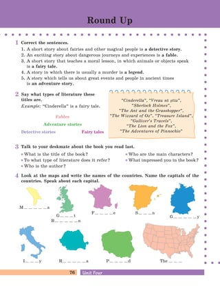 76 Unit FourUnit Four
Correct the sentences.
1. A short story about fairies and other magical people is a detective story.
2. An exciting story about dangerous journeys and experiences is a fable.
3. A short story that teaches a moral lesson, in which animals or objects speak
is a fairy tale.
4. A story in which there is usually a murder is a legend.
5. A story which tells us about great events and people in ancient times
is an adventure story.
Talk to your deskmate about the book you read last.
What is the title of the book? Who are the main characters?
To what type of literature does it refer? What impressed you in the book?
Who is the author?
Look at the maps and write the names of the countries. Name the capitals of the
countries. Speak about each capital.
I y TheR a P d
S n
M a
F e
G yG t
B n
Round Up
Say what types of literature these
titles are.
Example: “Cinderella
„
is a fairy tale.
Fables
Adventure stories
Detective stories Fairy tales
“Cinderella
„
, “Vreau s[ =tiu
„
,
“Sherlock Holmes
„
,
“The Ant and the Grasshopper
„
,
“The Wizzard of Oz
„
, “Treasure Island
„
,
“Gulliver’s Travels
„
,
“The Lion and the Fox
„
,
“The Adventures of Pinnochio
„
1
2
3
4
 