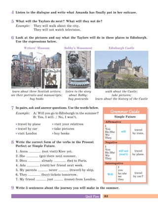 83Unit FiveUnit Five
Listen to the dialogue and write what Amanda has finally put in her suitcase.
Write 5 sentences about the journey you will make in the summer.
Write the correct form of the verbs in the Present
Perfect or Simple Future.
1. Anna (not visit) Kiev yet.
2. She (go) there next summer.
3. Dinu already (be) to Paris.
4. Ada (visit) her friend next week.
5. My parents never (travel) by ship.
6. They (buy) tickets tomorrow.
7. My friend just (come) from London.
What will the Taylors do next? What will they not do?
Example: They will walk about the city.
They will not watch television.
In pairs, ask and answer questions. Use the words below.
Example: A: Will you go to Edinburgh in the summer?
B: Yes, I will. / No, I won’t.
travel by plane visit your relatives
travel by car take pictures
visit London buy books
Look at the pictures and say what the Taylors will do in these places in Edinburgh.
Use the expressions below.
learn about three Scottish writers;
see their portraits and manuscripts;
buy books
walk about the Castle;
take pictures;
learn about the history of the Castle
Writers’ Museum Edinburgh Castle
listen to the story
about Bobby;
buy postcards
Bobby’s Monument
Simple Future
I
You
He/She
We
They
I
You
He/She
We
They
I
you
he/she
we
they
Grammar GuideGrammar Guide
Affirmative
Negative
Interrogative
travel
by train.
will not
(won’t)
travel
by plane.
will
travel
by car?
Will
5
4
6
7
8
9
 