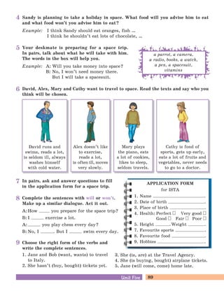 89Unit FiveUnit Five
Sandy is planning to take a holiday in space. What food will you advise him to eat
and what food won’t you advise him to eat?
Example: I think Sandy should eat oranges, fish …
I think he shouldn’t eat lots of chocolate, …
David, Alex, Mary and Cathy want to travel to space. Read the texts and say who you
think will be chosen.
Mary plays
the piano, eats
a lot of cookies,
likes to sleep,
seldom travels.
Cathy is fond of
sports, gets up early,
eats a lot of fruits and
vegetables, never needs
to go to a doctor.
Alex doesn’t like
to exercise,
reads a lot,
is often ill, moves
very slowly.
David runs and
swims, reads a lot,
is seldom ill, always
washes himself
with cold water.
In pairs, ask and answer questions to fill
in the application form for a space trip.
Complete the sentences with will or won’t.
Make up a similar dialogue. Act it out.
A:How you prepare for the space trip?
B: I exercise a lot.
A: you play chess every day?
B: No, I . But I swim every day.
Choose the right form of the verbs and
write the complete sentences.
1. Jane and Bob (want, wants) to travel
to Italy.
2. She hasn’t (buy, bought) tickets yet.
3. She (is, are) at the Travel Agency.
4. She (is buying, bought) airplane tickets.
5. Jane (will come, come) home late.
Your deskmate is preparing for a space trip.
In pairs, talk about what he will take with him.
The words in the box will help you.
Example: A: Will you take money into space?
B: No, I won’t need money there.
But I will take a spacesuit.
a parrot, a camera,
a radio, books, a watch,
a pen, a spacesuit,
vitamins
APPLICATION FORM
for ISTA
1. Name .
2. Date of birth .
3. Place of birth .
4. Health: Perfect Very good
Good Fair Poor
5. Height .Weight .
7. Favourite sports .
8. Favourite food .
9. Hobbies .
5
4
6
7
8
9
 