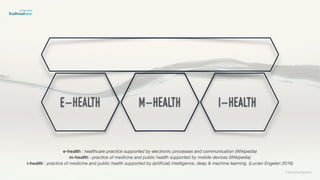 ©lucienengelen
e-health m-health i-health
e-health : healthcare practice supported by electronic processes and communication (Wikipedia)
m-health : practice of medicine and public health supported by mobile devices (Wikipedia)
i-health : practice of medicine and public health supported by (artiﬁcial) intelligence, deep & machine learning. (Lucien Engelen 2016)
 