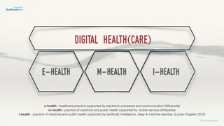 ©lucienengelen
digital health(care)
e-health m-health i-health
e-health : healthcare practice supported by electronic processes and communication (Wikipedia)
m-health : practice of medicine and public health supported by mobile devices (Wikipedia)
i-health : practice of medicine and public health supported by (artiﬁcial) intelligence, deep & machine learning. (Lucien Engelen 2016)
 
