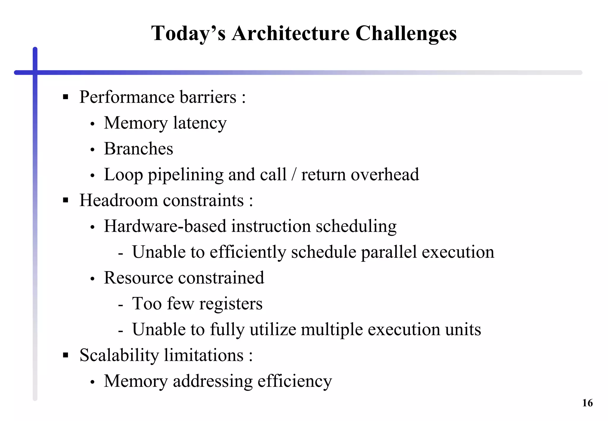 16
Today’s Architecture Challenges
 Performance barriers :
• Memory latency
• Branches
• Loop pipelining and call / return overhead
 Headroom constraints :
• Hardware-based instruction scheduling
- Unable to efficiently schedule parallel execution
• Resource constrained
- Too few registers
- Unable to fully utilize multiple execution units
 Scalability limitations :
• Memory addressing efficiency
 