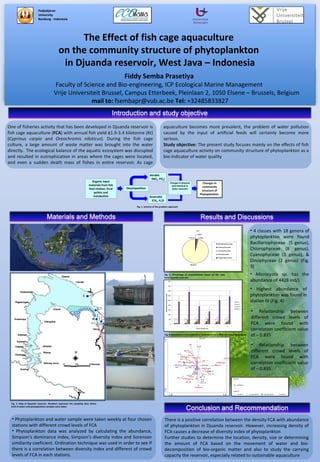 Padjadjaran
University
Bandung - Indonesia
• Phytoplankton and water sample were taken weekly at four chosen
stations with different crowd levels of FCA
• Phytoplankton data was analyzed by calculating the abundance,
Simpson’s dominance index, Simpson’s diversity index and Sorenson
similiarity coeficient. Ordination technique was used in order to see if
there is a correlation between diversity index and different of crowd
levels of FCA in each stations.
Organic input
materials from fish
feed residue, fecal
pellets and
metabolism
Decomposition
Aerobic
(NO3, PO4)
Anaerobic
(CH4, H2S)
Changes in physical
and chemical in
water reservoir
Changes in
community
structure of
Phytoplankton
Fig. 1. Scheme of the problem approach
There is a positive correlation between the density FCA with abundance
of phytoplankton in Djuanda reservoir. However, increasing density of
FCA causes a decrease of diversity index of phytoplankton
Further studies to determine the location, density, size or determining
the amount of FCA based on the movement of water and bio-
decomposition of bio-organic matter and also to study the carrying
capacity the reservoir, especially related to sustainable aquaculture
Fiddy Semba Prasetiya
Faculty of Science and Bio-engineering, ICP Ecological Marine Management
Vrije Universiteit Brussel, Campus Etterbeek, Pleinlaan 2, 1050 Elsene – Brussels, Belgium
mail to: fsembapr@vub.ac.be Tel: +32485833827
Fig. 2. Map of Djuanda reservoir. Numbers represent the sampling sites where
both of water and phytoplankton samples were taken
0.96%
2.08%
96.80%
0.16%
0%
Bacillariophyceae
Chlorophyceae
Cyanophyceae
Dinophyceae
Euglenophyceae
0.96%
2.08%
96.80%
0.16%
0%
Bacillariophyceae
Chlorophyceae
Cyanophyceae
Dinophyceae
Euglenophyceae
• 4 classes with 18 genera of
phytoplankton were found
Bacillariophyceae (5 genus),
Chlorophyceae (8 genus),
Cyanophyceae (3 genus), &
Dinophyceae (2 genus) (Fig.
3)
Fig. 3. Percentage of phytoplankton based on the class
form Djuanda reservoir
• Microcystis sp. has the
abundance of 4428 ind/L
• Highest abundance of
phytoplankton was found in
station IV (Fig. 4)
Fig. 4 Abundancy of phytoplankton (individu/L) at 4 different sampling stations
• Relationship between
different crowd levels of
FCA were found with
correlation coefficient value
of – 0.835
• Relationship between
different crowd levels of
FCA were found with
correlation coefficient value
of – 0.835
The Effect of fish cage aquaculture
on the community structure of phytoplankton
in Djuanda reservoir, West Java – Indonesia
 