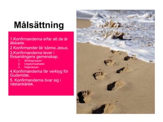 M?ls?ttning
1.Konfirmanderna erfar att de ?r
?lskade.
2.Konfirmander l?r k?nna Jesus.
3.Konfirmanderna lever i
f?rsamlingens gemenskap.
1. Skribagruppen
2. Ungdomsarbetet
3. H?gm?ssan
4.Konfirmanderna f?r verktyg f?r
Gudsm?te.
5. Konfirmanderna ?var sig i
n?stank?rlek.
 